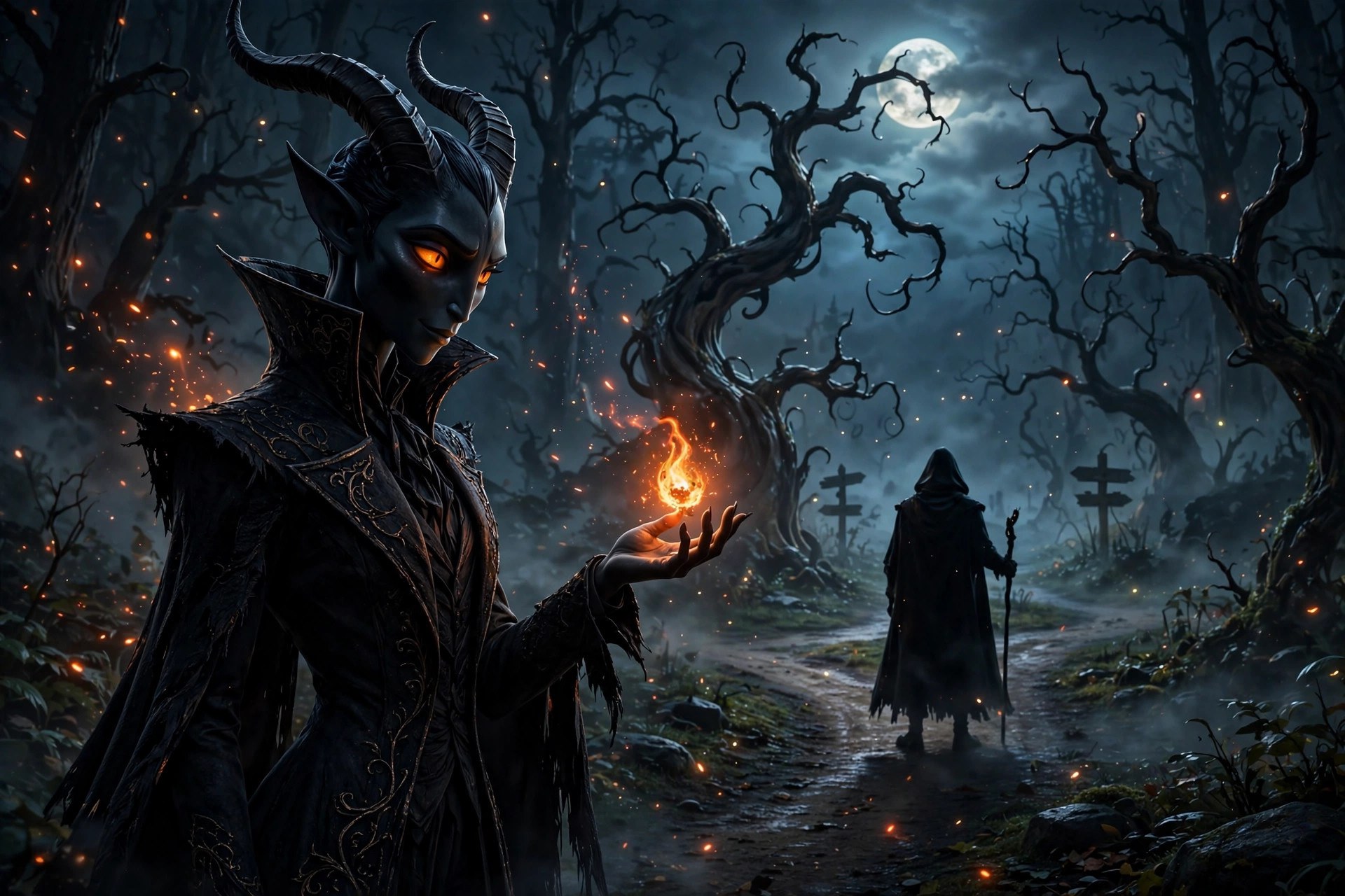 The fictional Satan character offering a glowing bargain at a moonlit crossroads