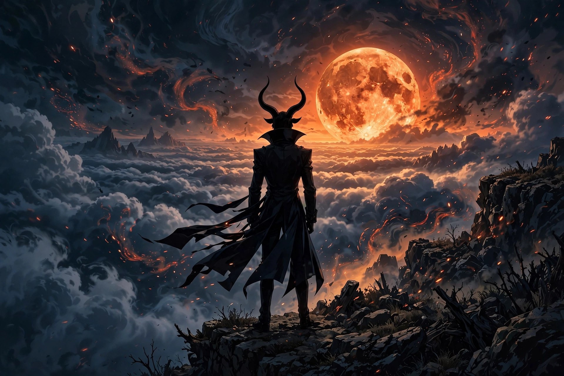 A dramatic collage-style composition of the fictional Satan character for social sharing