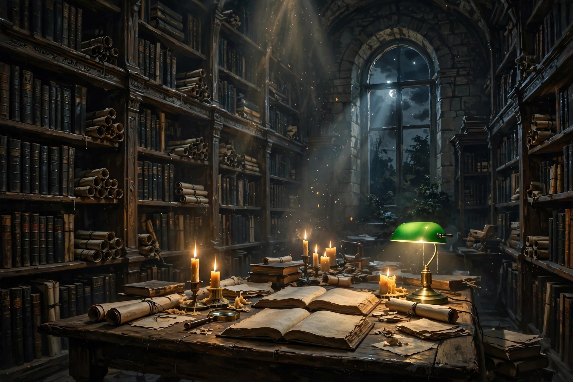 An archive of ancient black-bound books lit by candles