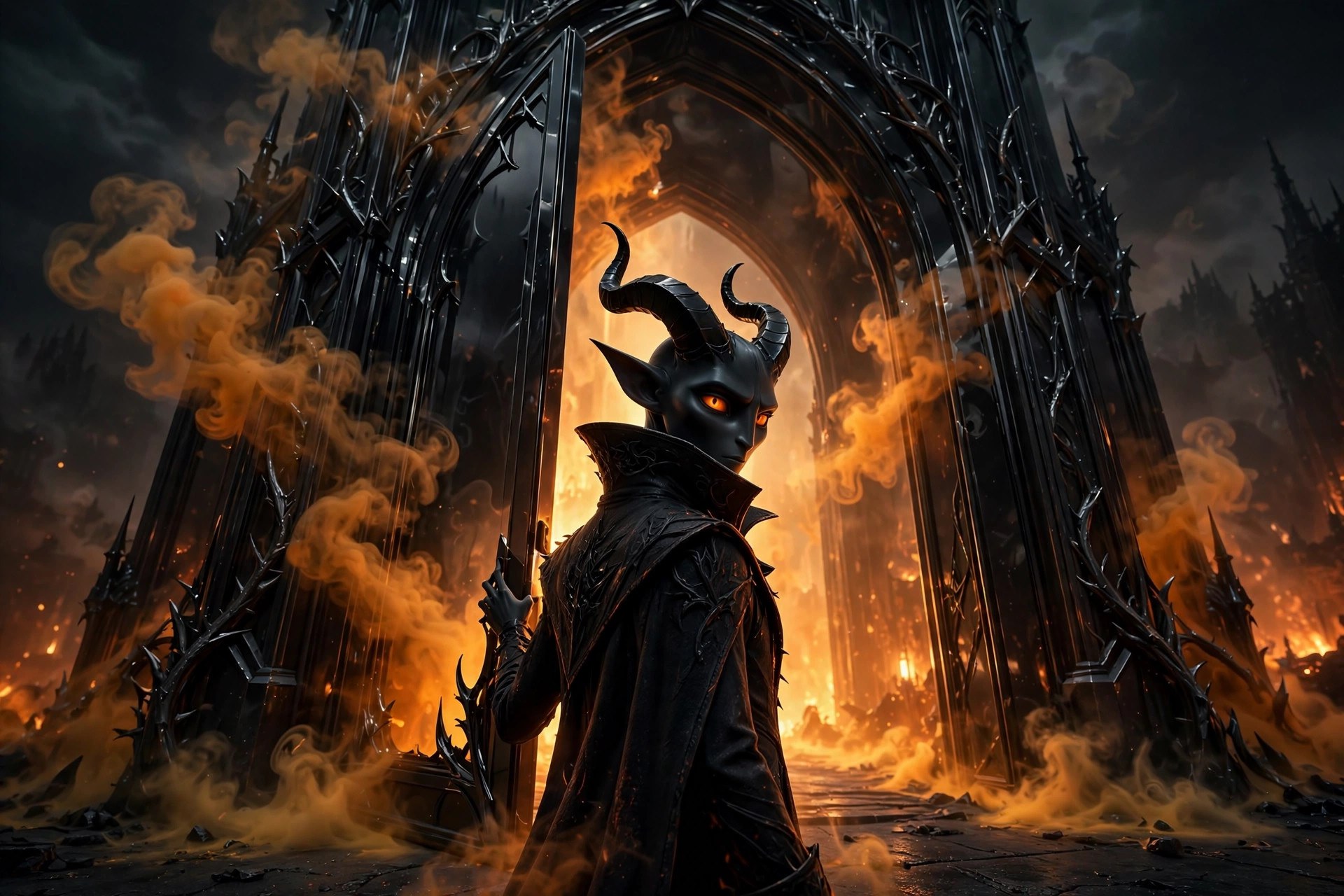 The fictional Satan character falling through dark clouds toward a burning pit below