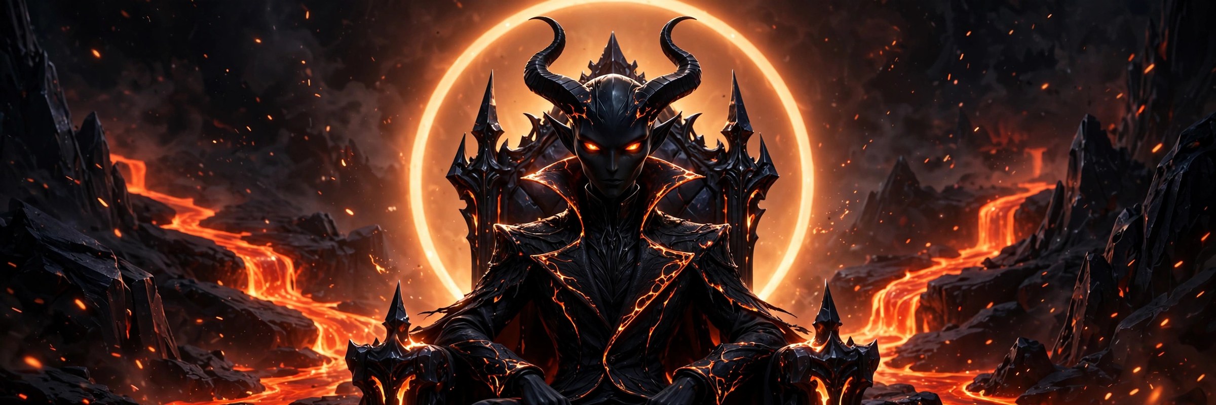 Wide banner art of the fictional Satan character on a throne with a broadcast glow