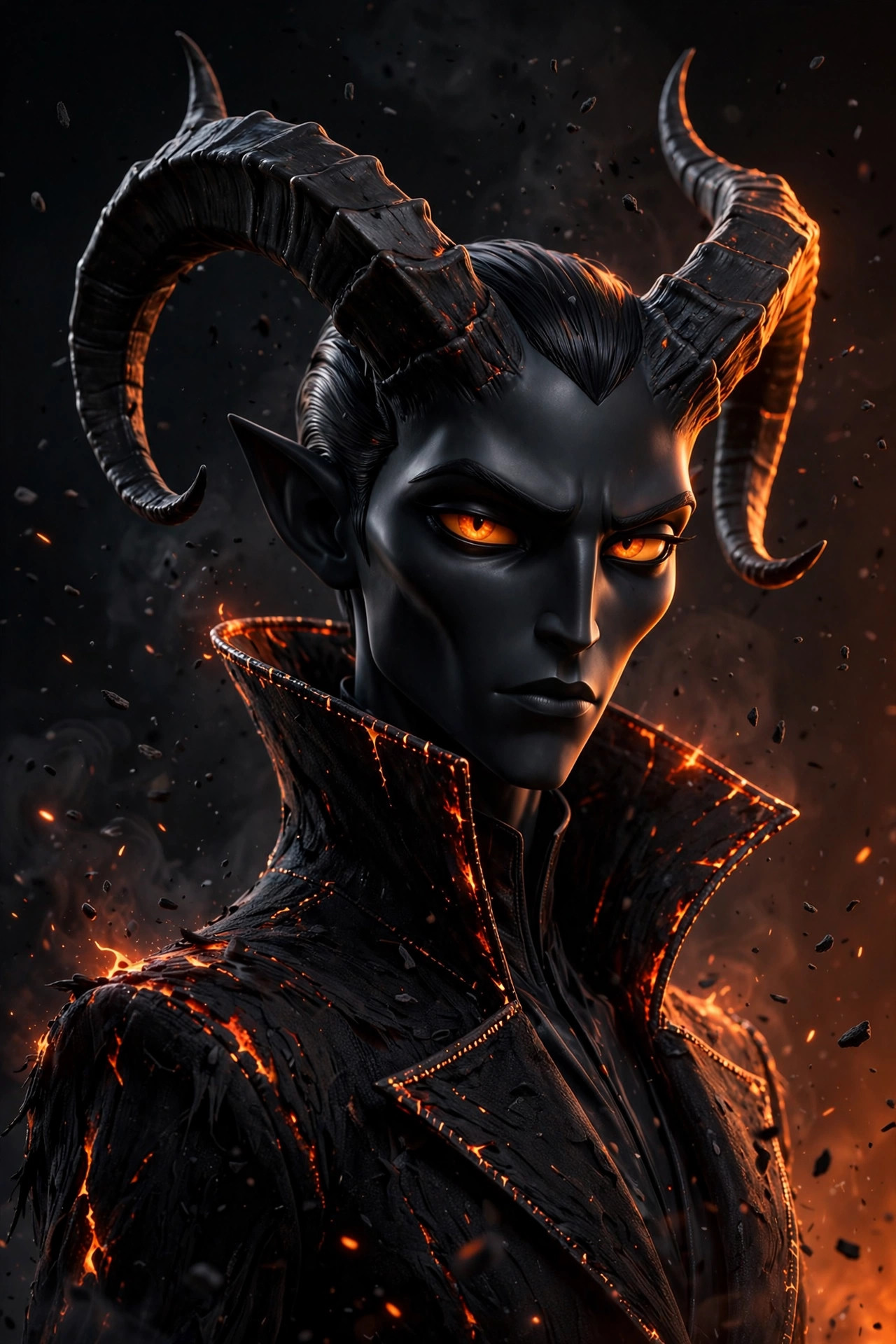 The fictional Satan character portrait framed by dark color palette swatches