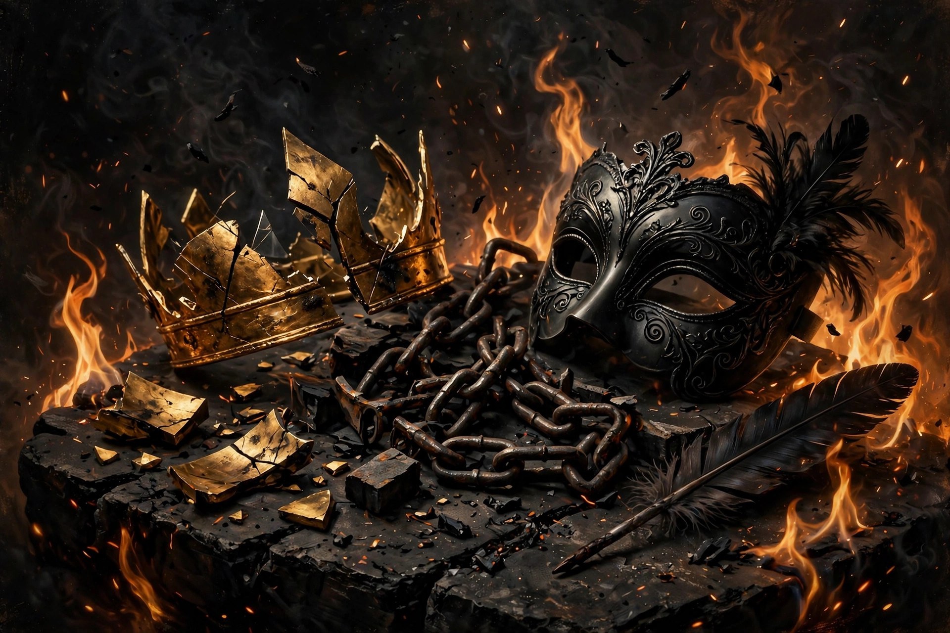 Abstract composition of a broken crown, chains, a mask, and flames