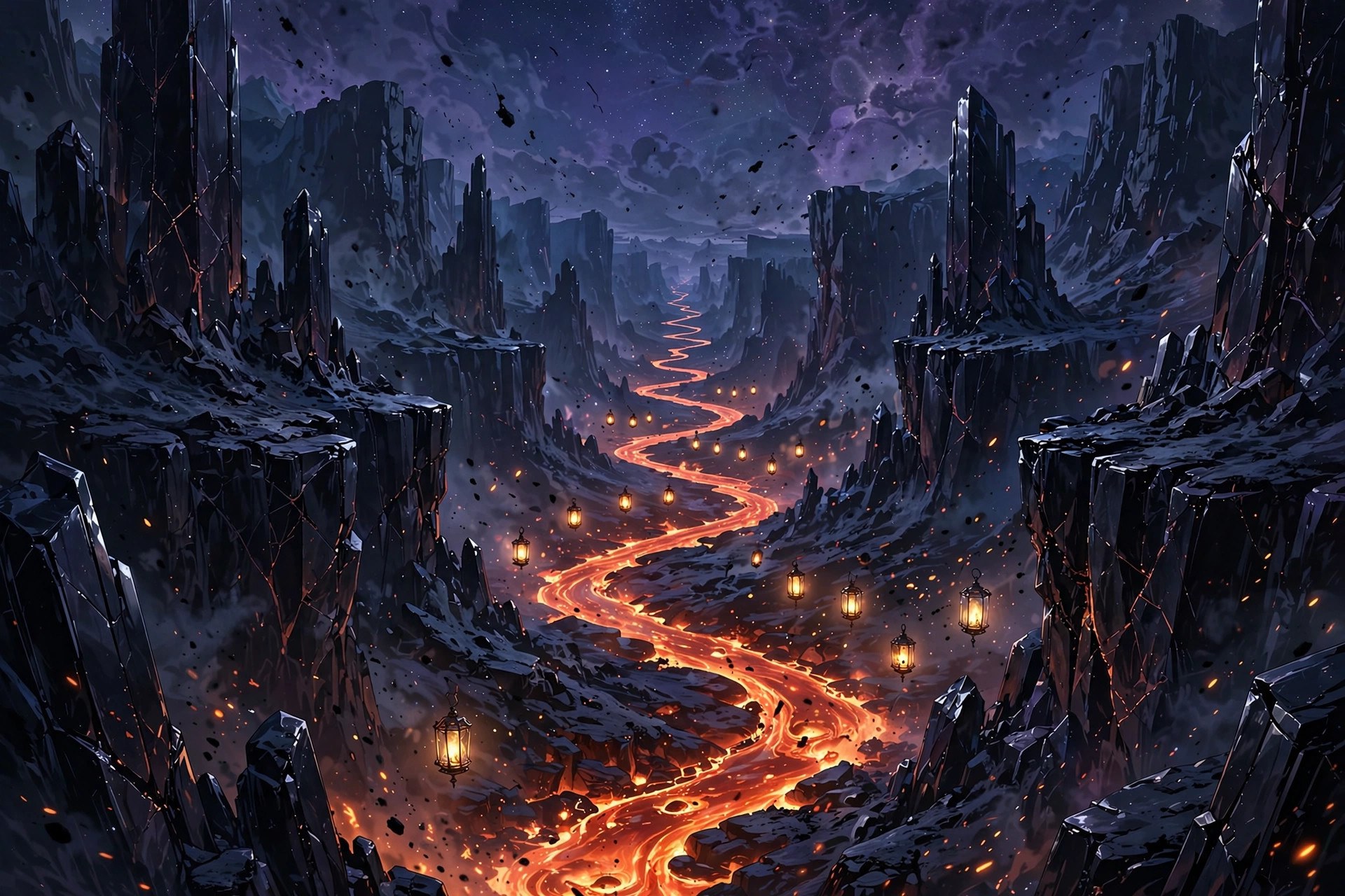 An hourglass of embers above a slow river of lava