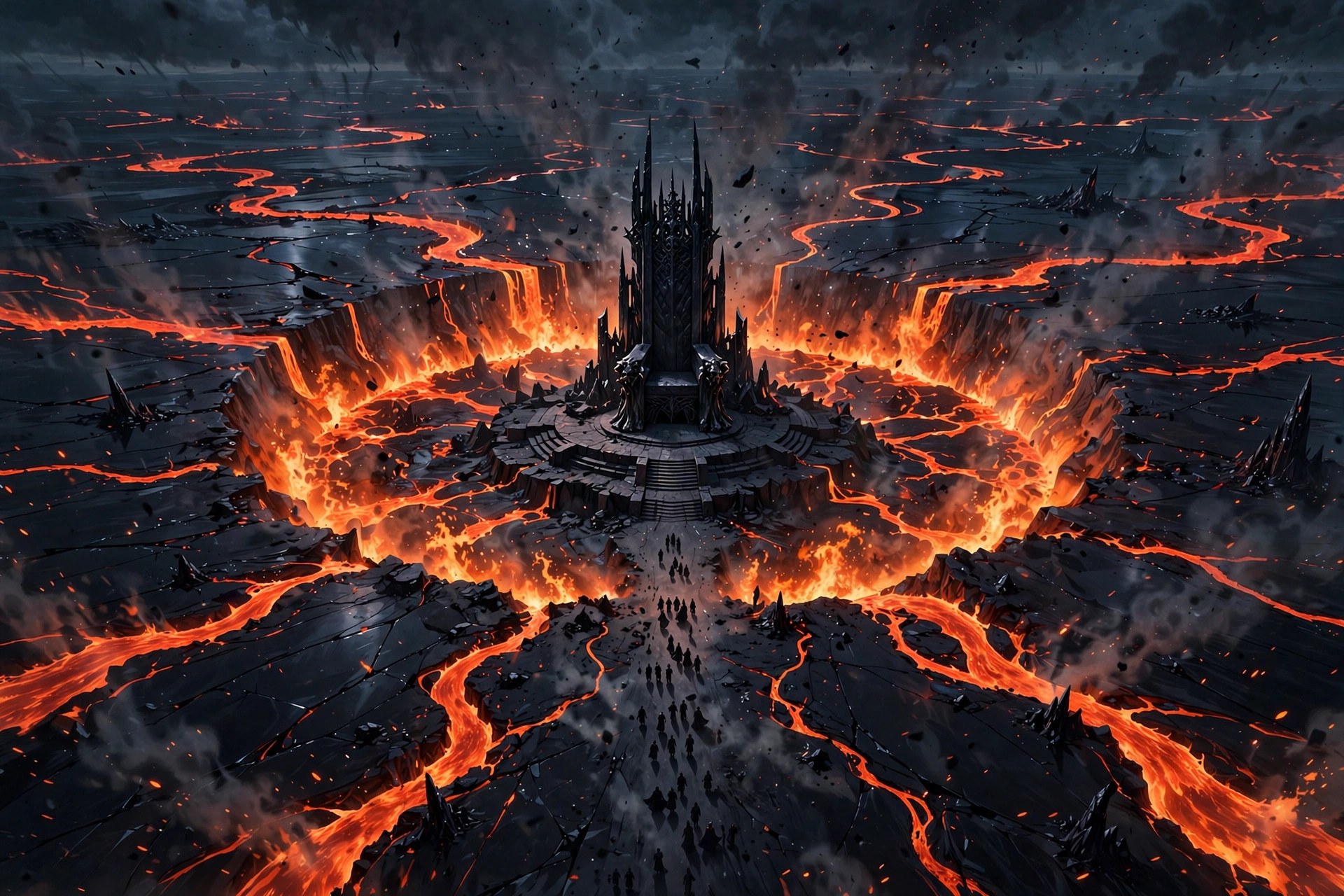 A vast burning pit with a lone obsidian throne at its center