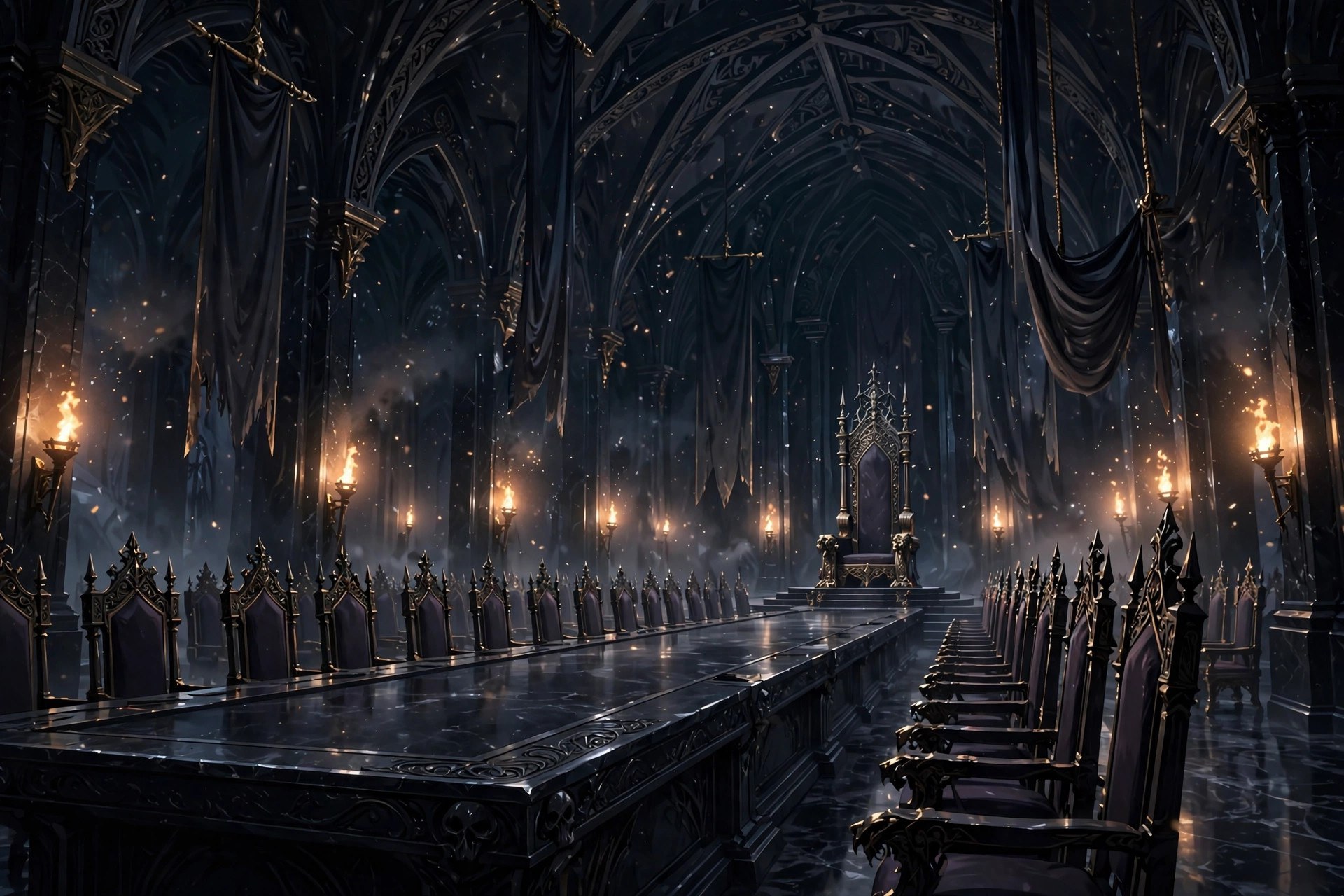 The fictional Satan character addressing an infernal council in a vast torchlit hall