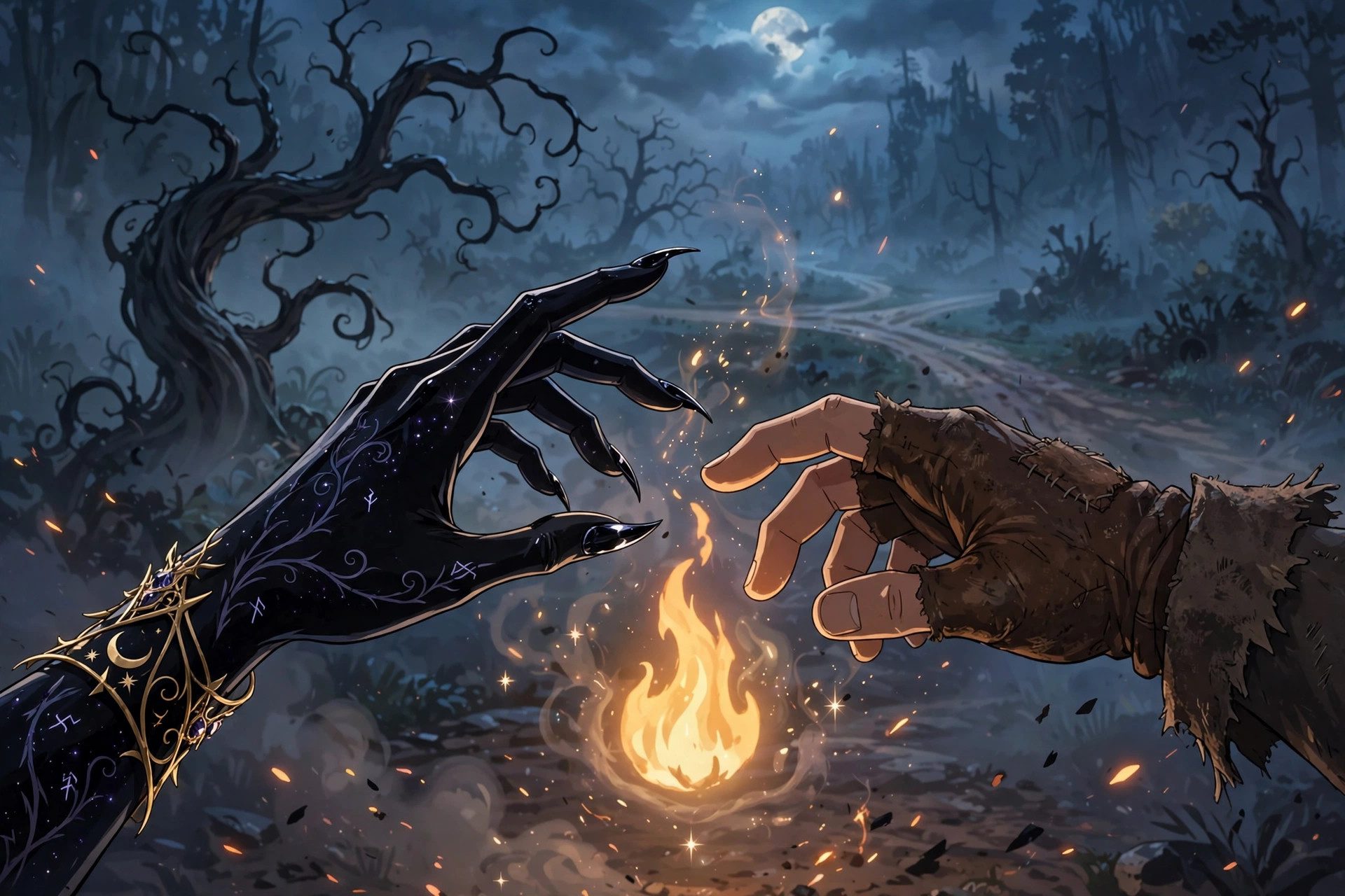 The fictional Satan character meeting a traveler at a moonlit crossroads beside a twisted tree
