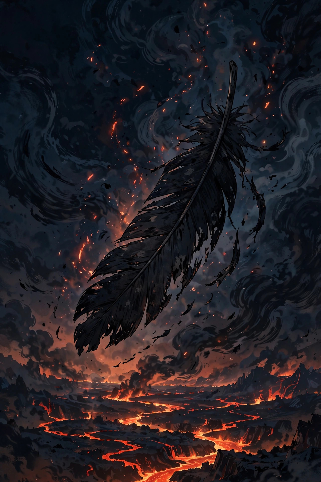The fictional Satan character falling through dark storm clouds, coat billowing like wings