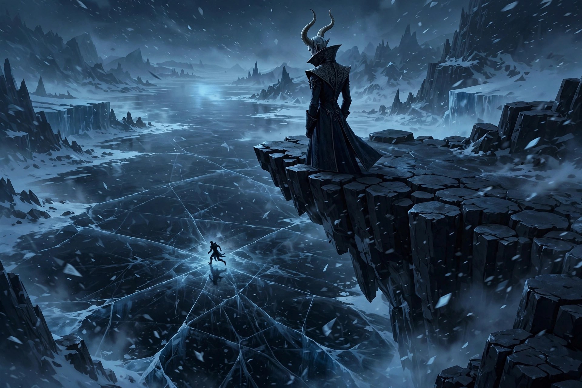 A colossal horned figure trapped waist-deep in black ice at the center of a frozen lake