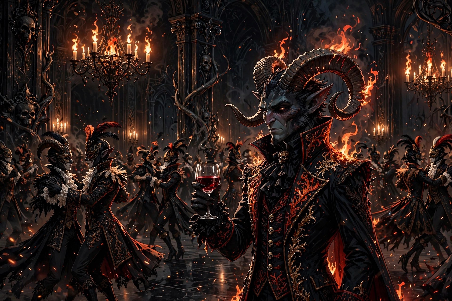 The fictional Satan character in an elegant mask at a grand candlelit masquerade ball