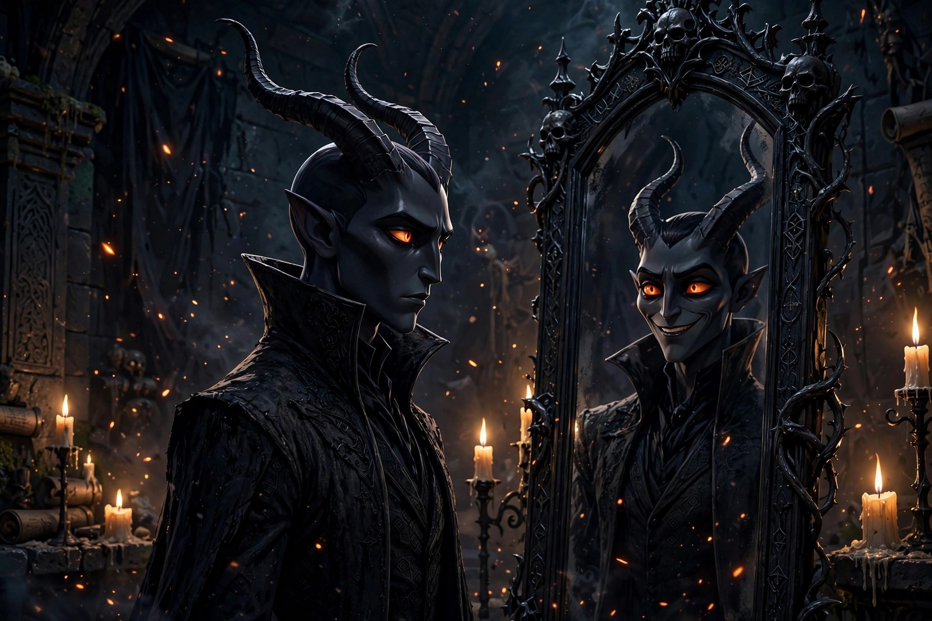 The fictional Satan character regarding his own reflection in a tall black mirror, the reflection smiling back