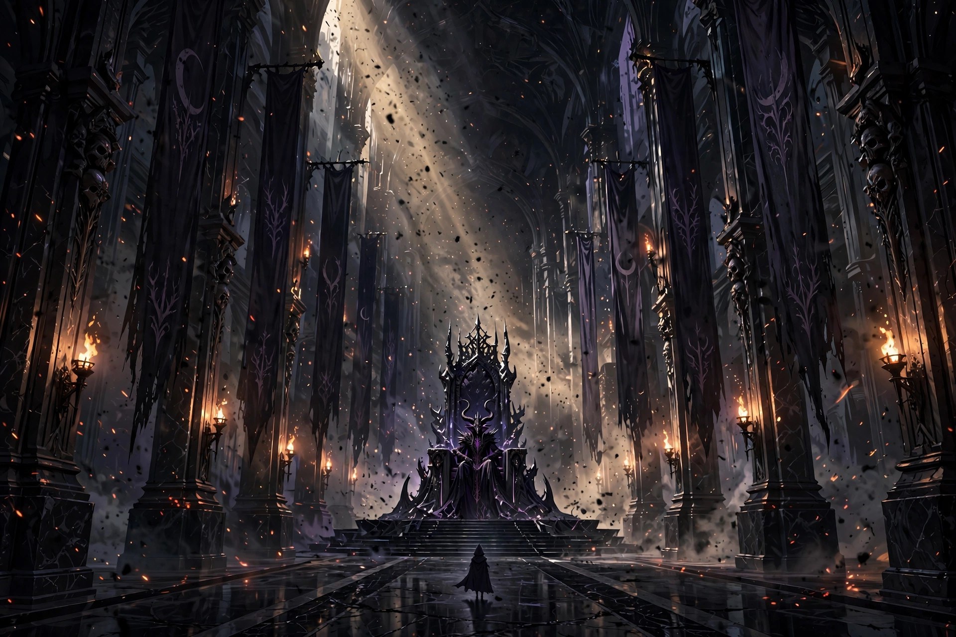 The fictional Satan character enthroned in a vast torchlit throne room, a visitor approaching across the dais