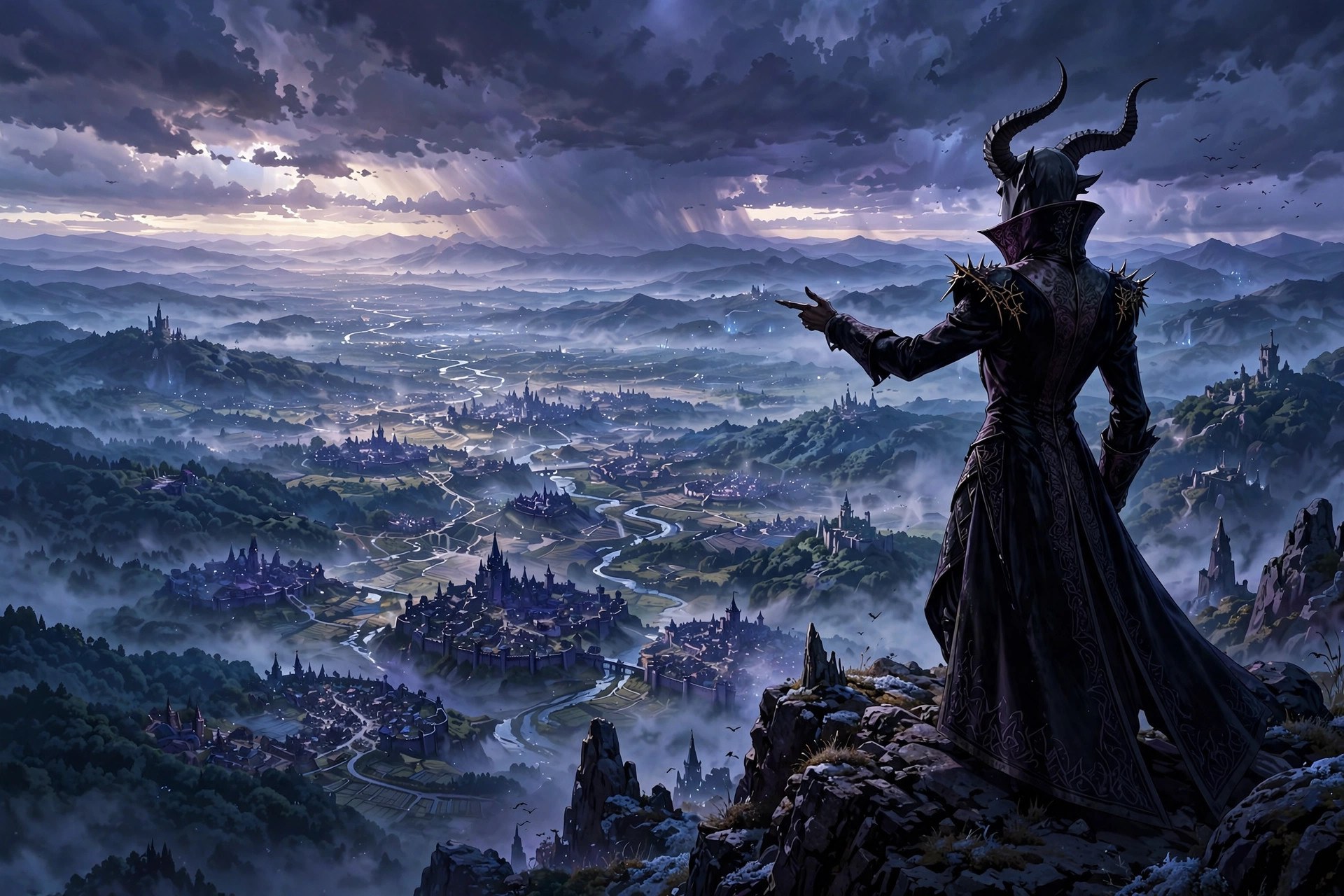 The fictional Satan character on a mountain peak at dawn, gesturing toward kingdoms spread below