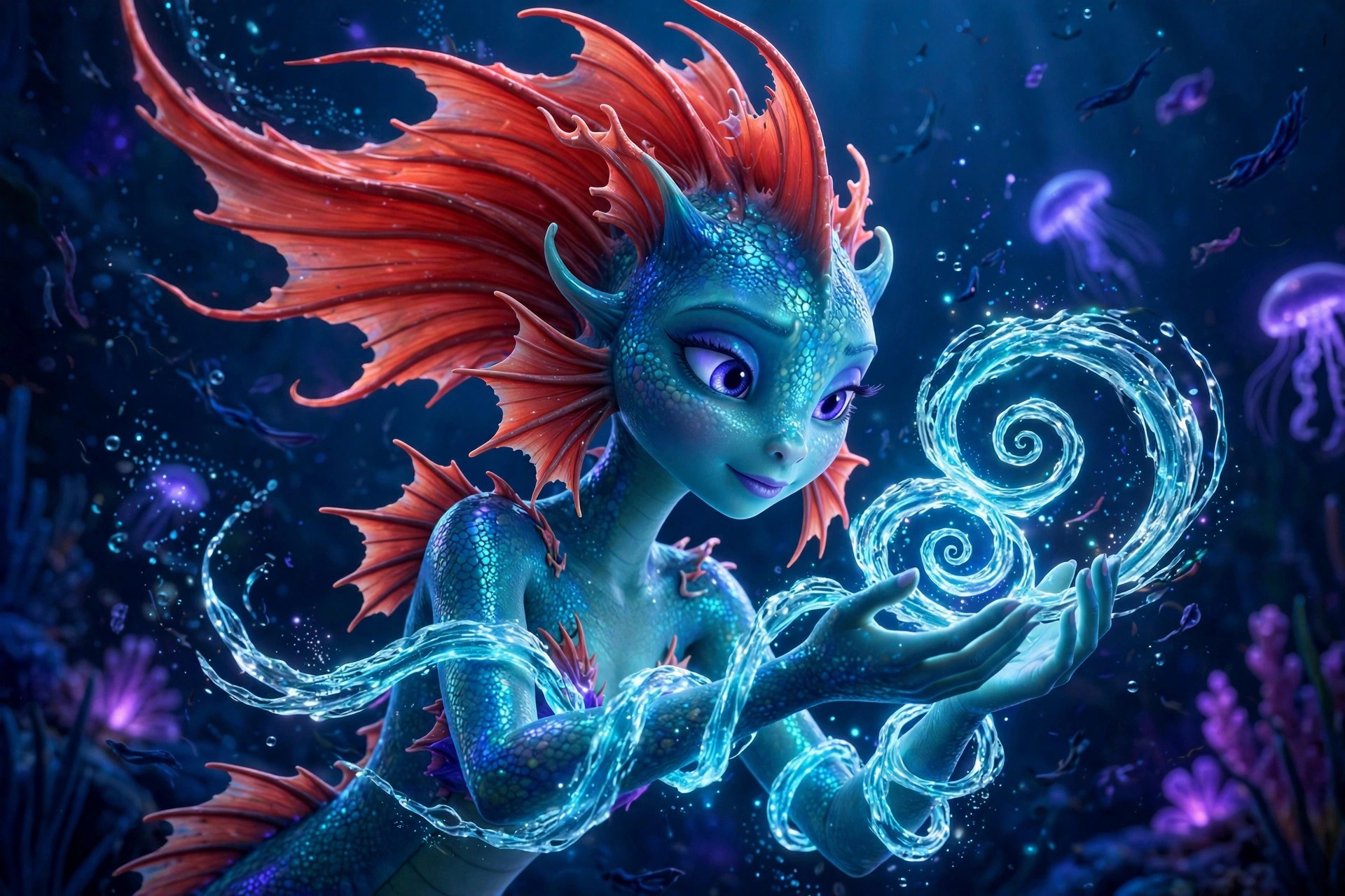 The Sea Dragon Girl weaving glowing spirals of current between her hands