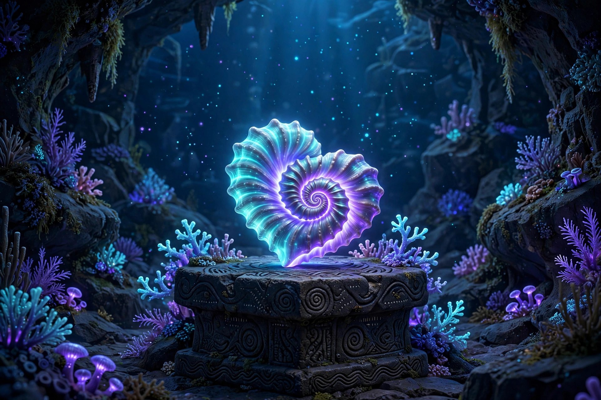 A glowing heart-shaped shell artifact on a stone pedestal in an underwater grotto