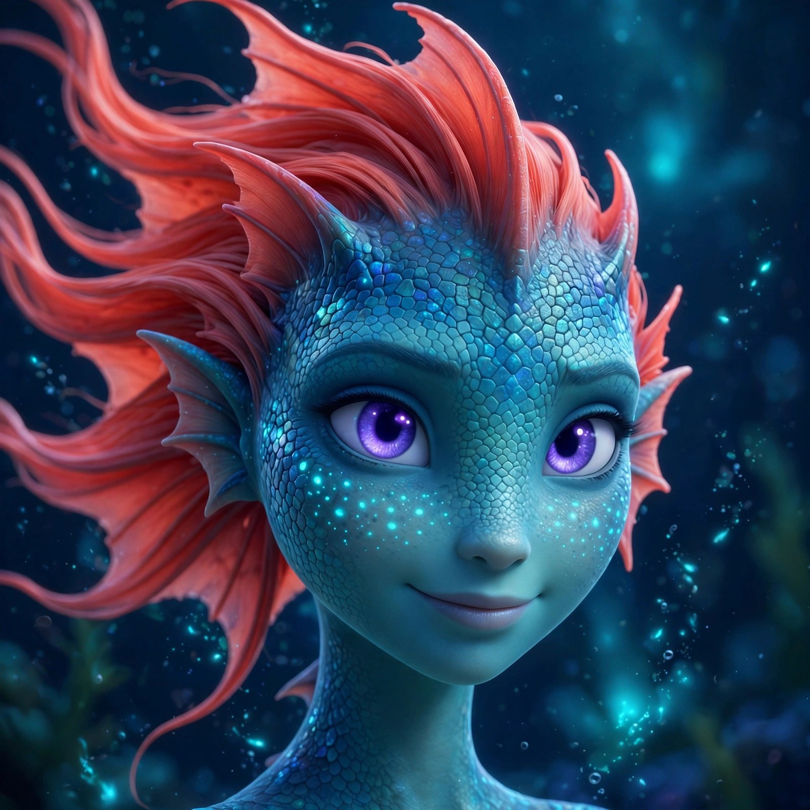 Close portrait of the Sea Dragon Girl, bioluminescent freckles glowing