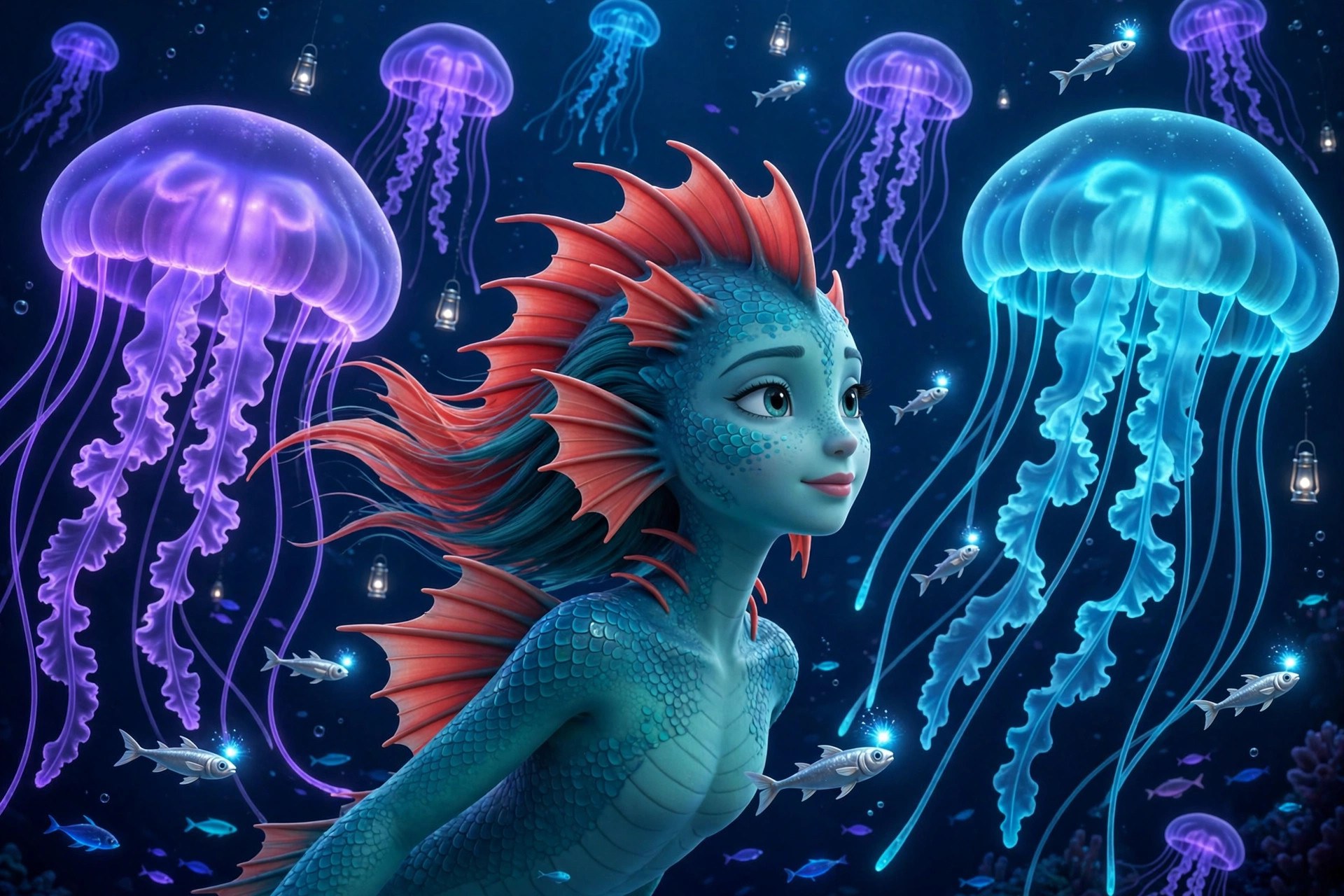 The Sea Dragon Girl among giant bioluminescent jellyfish