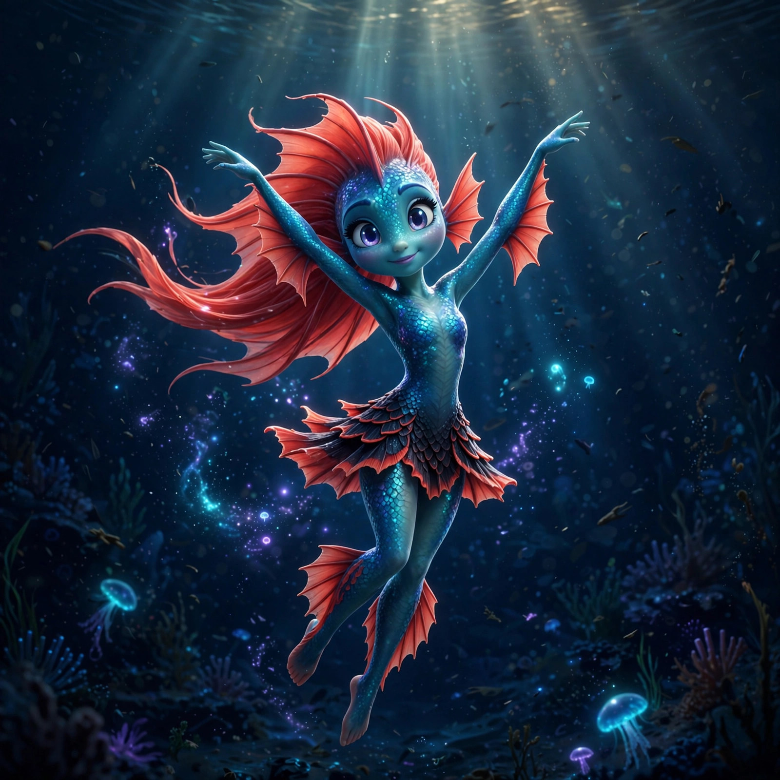 The Sea Dragon Girl drifting in the deep sea, arms raised in a dancer's pose, bioluminescent light around her