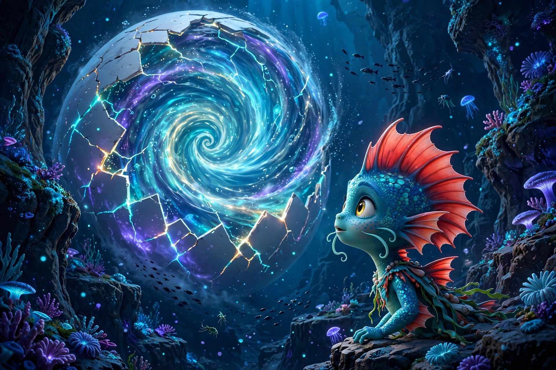 The tide-egg hatching in the Murmur Trench, a vortex of glowing water behind a small emerging figure