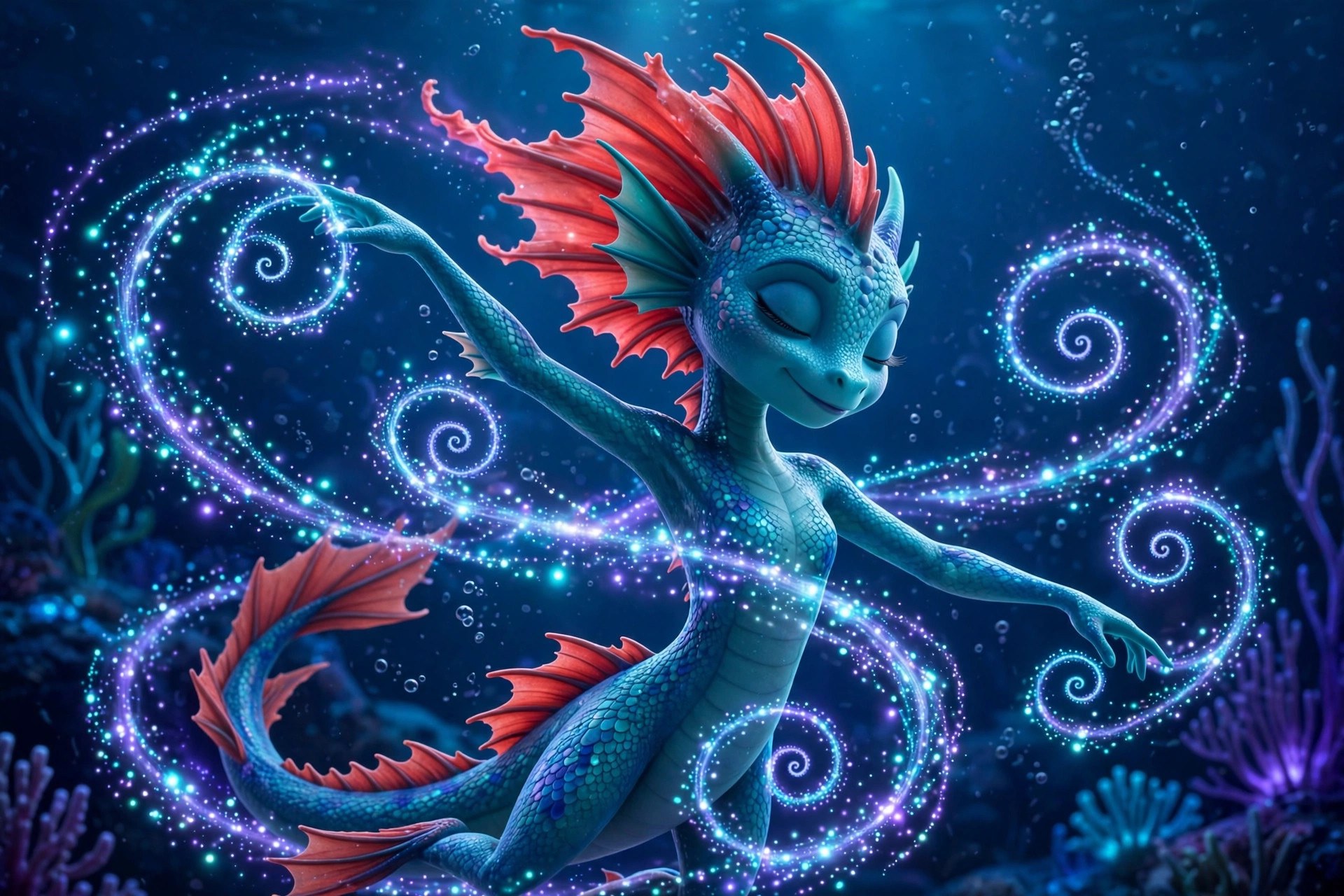 The Sea Dragon Girl dancing among swirls of glowing plankton