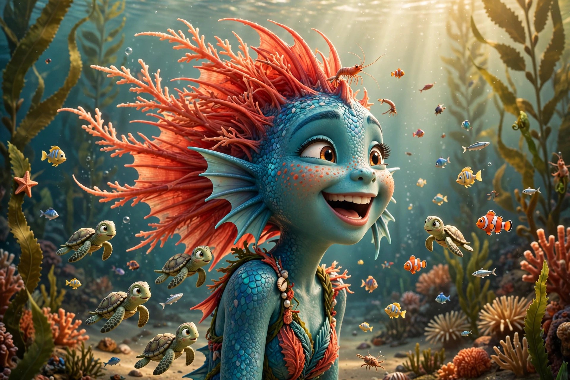 The Sea Dragon Girl laughing among small sea creatures in a kelp forest