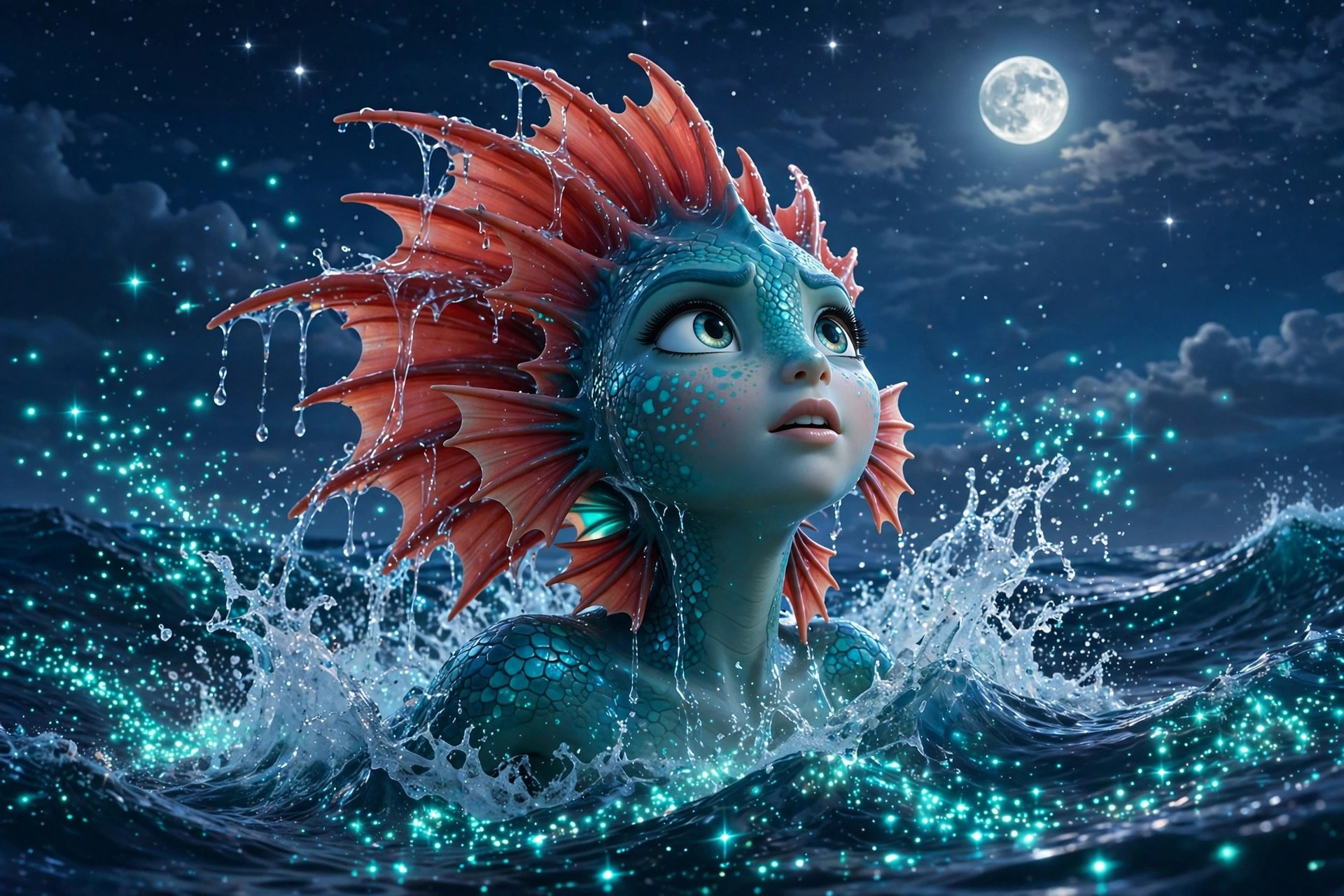 She breaks the surface at night, water sheeting off her crest — AI-generated dramatization art (2026-09-26). Not a depiction of a real person.