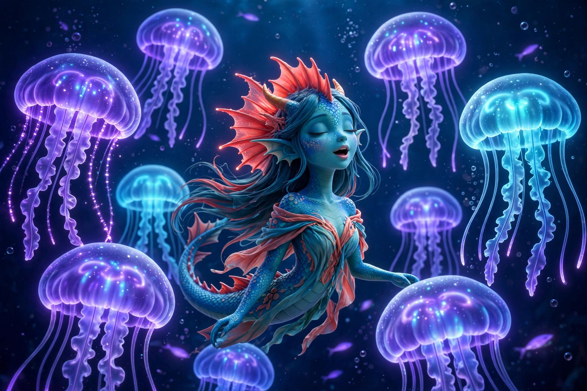 The Sea Dragon Girl among a choir of glowing jellyfish