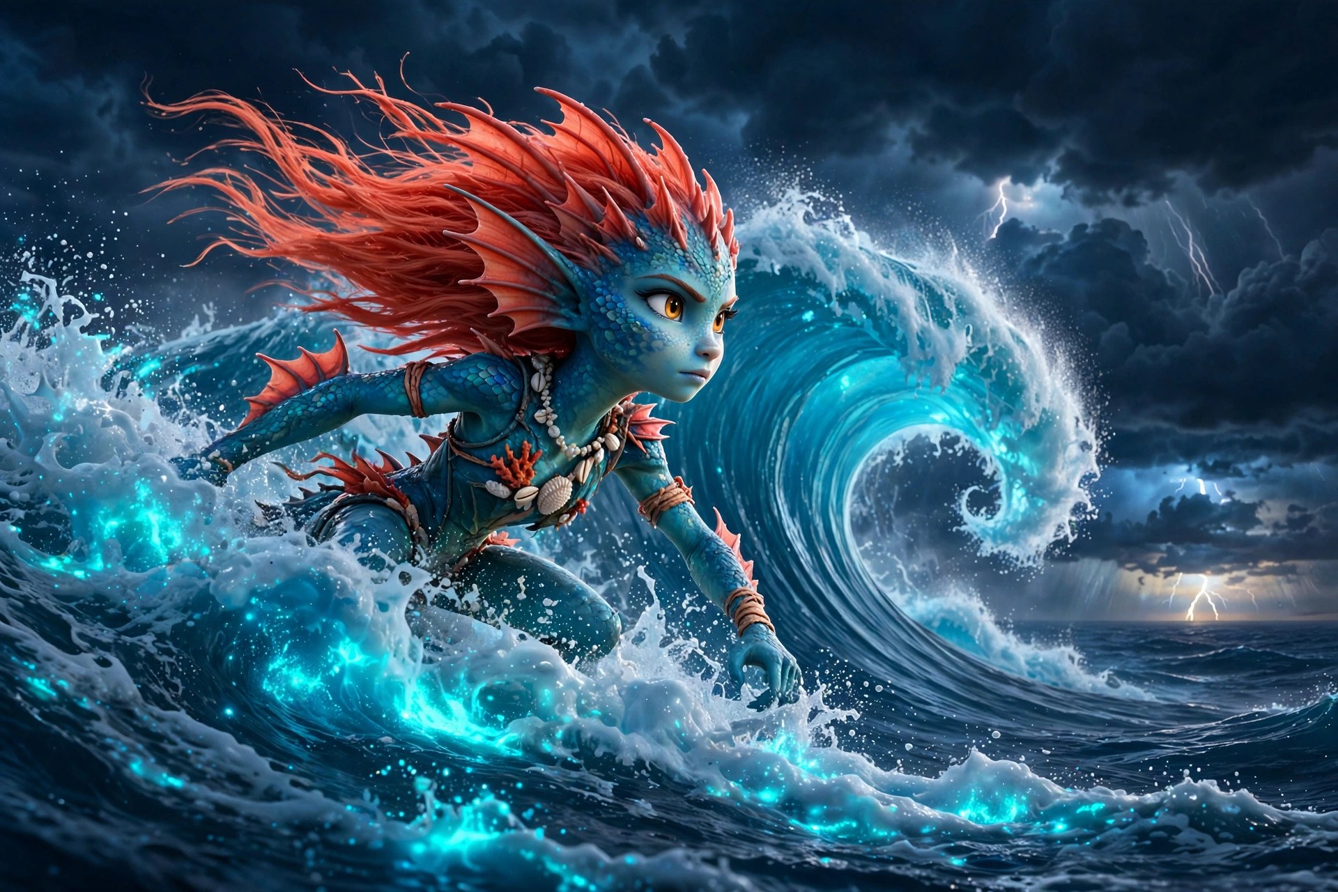 Riding a giant night wave, foam glowing cyan — AI-generated dramatization art (2026-09-26). Not a depiction of a real person.
