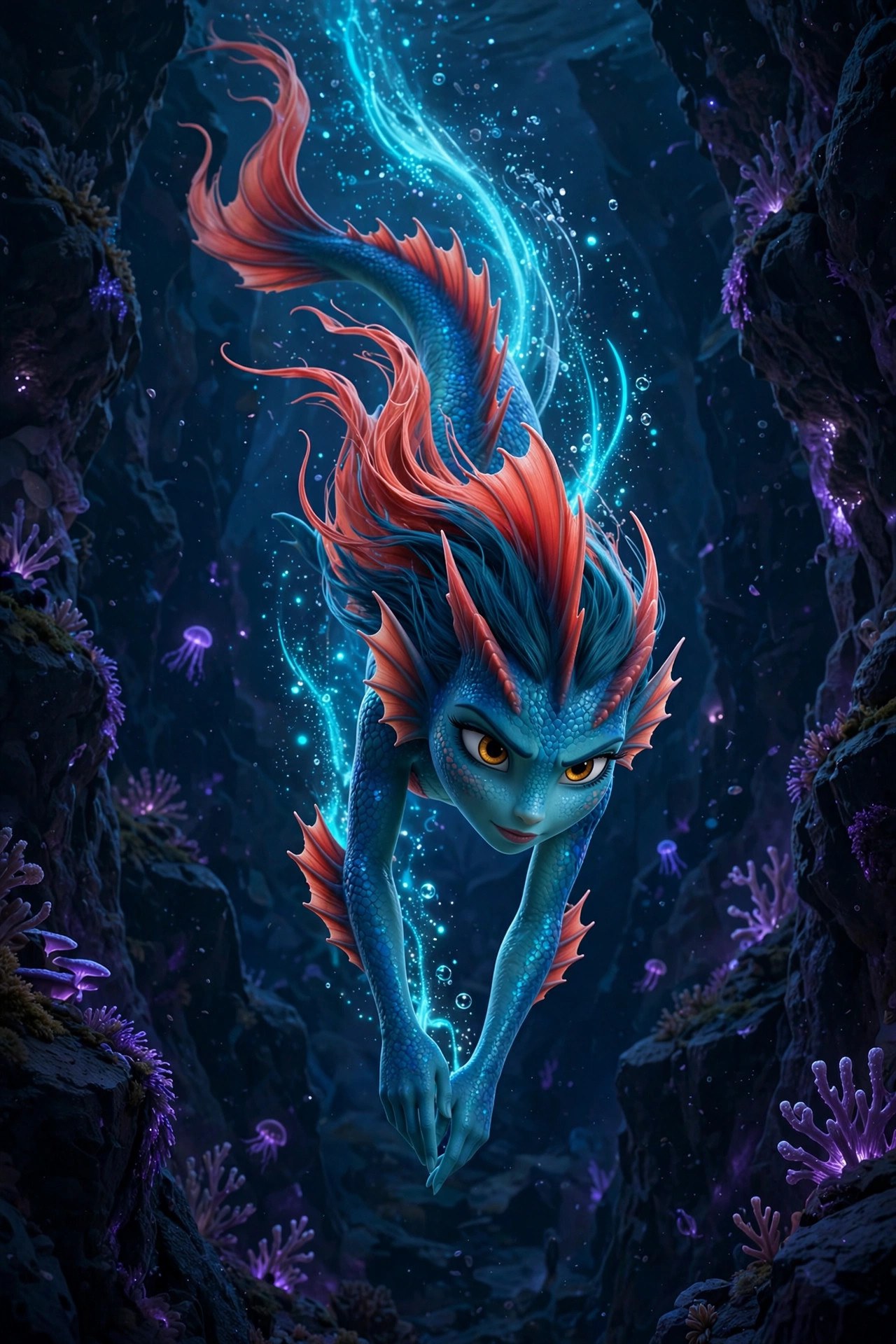 The Sea Dragon Girl diving into a dark trench, light trailing behind her