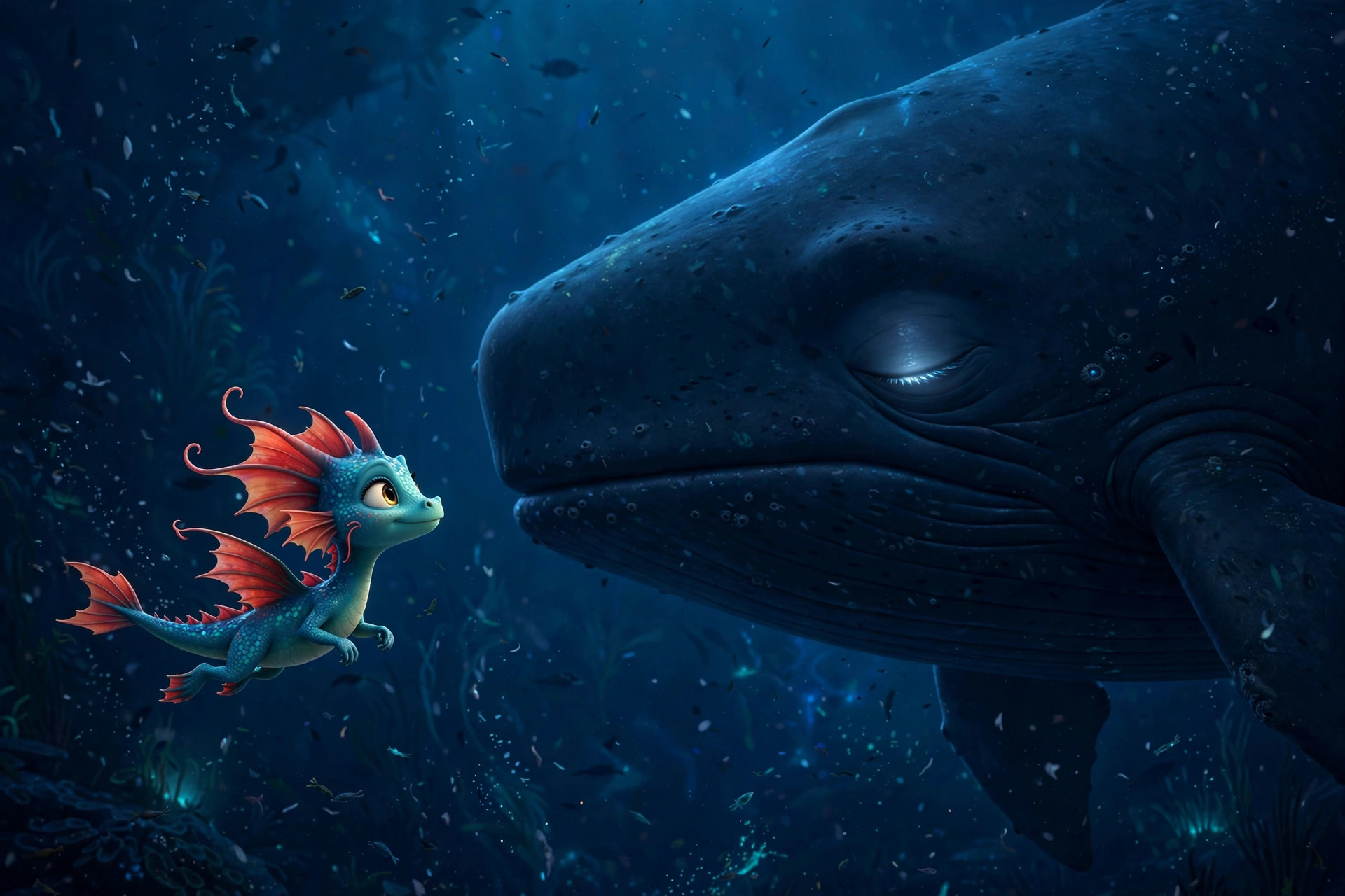 Beside the ancient whale guardian in the deep dark — AI-generated dramatization art (2026-09-26). Not a depiction of a real person.