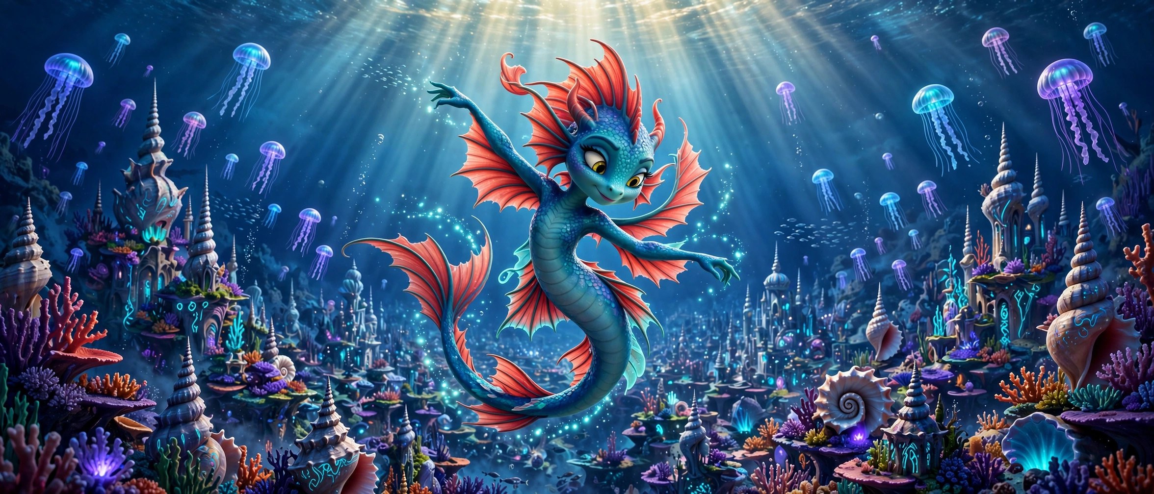 The Sea Dragon Girl dancing above a glowing reef city