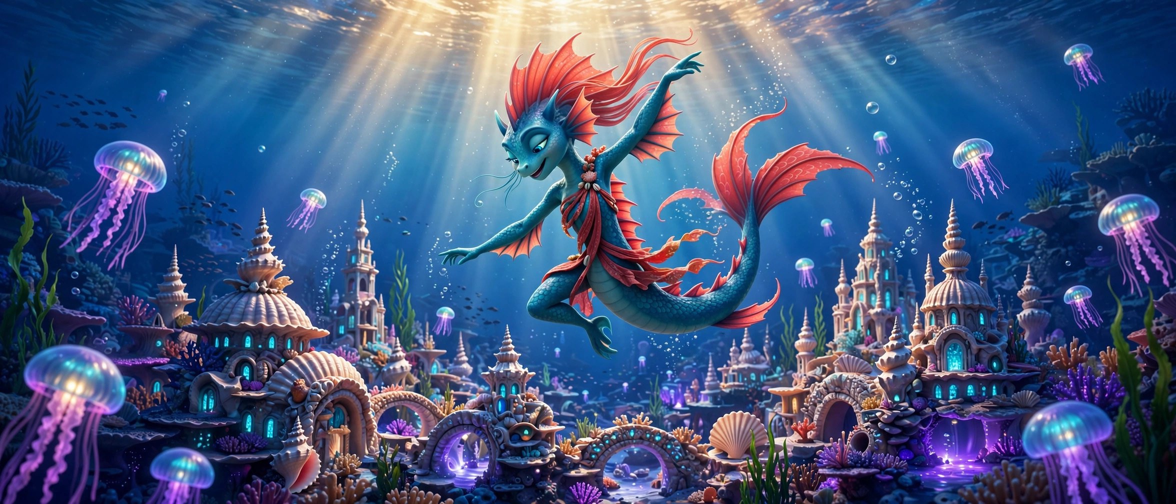 The Sea Dragon Girl dancing above a glowing reef city — the stream's banner art