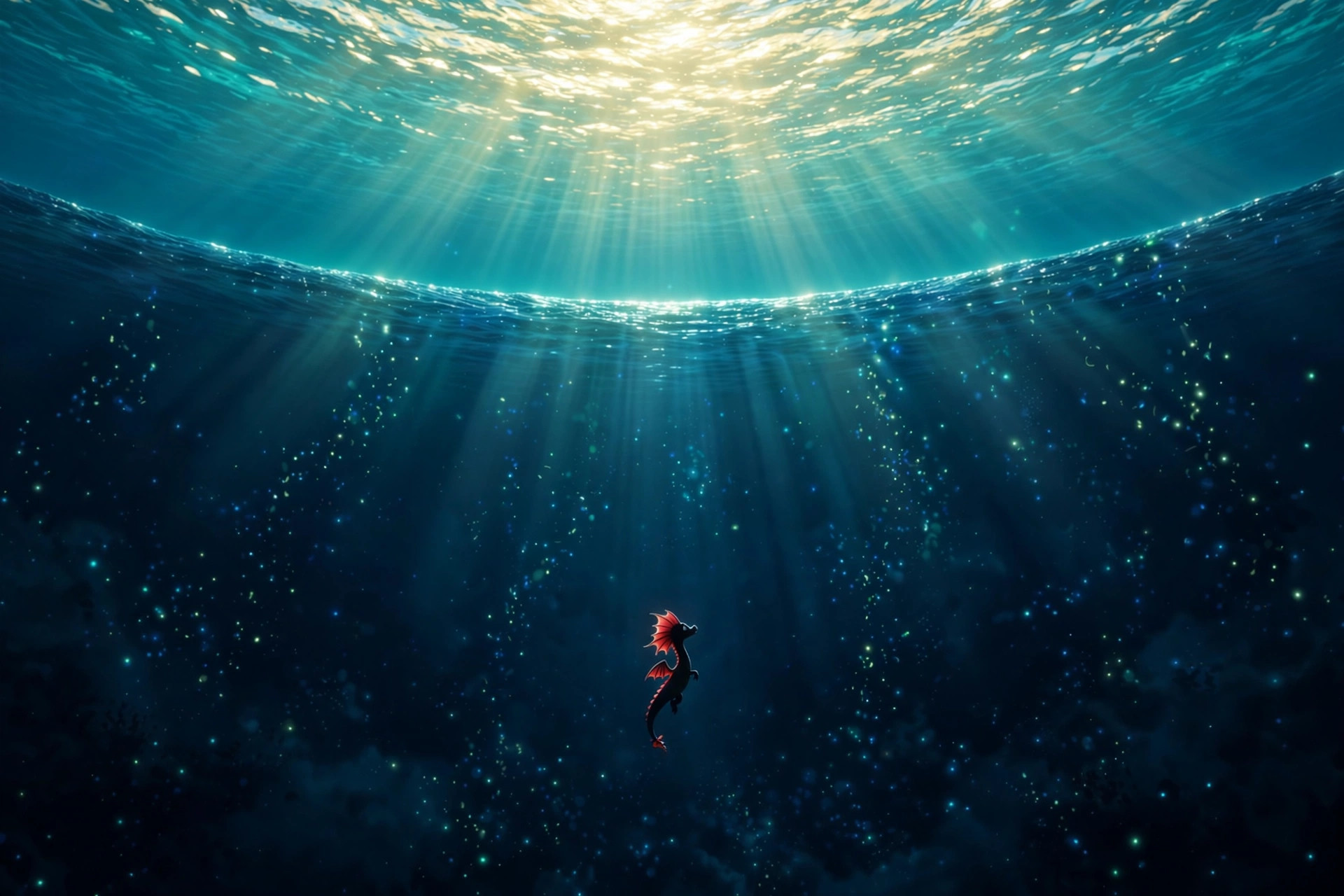 Looking up from the deep toward the glowing light line, a small figure swimming upward