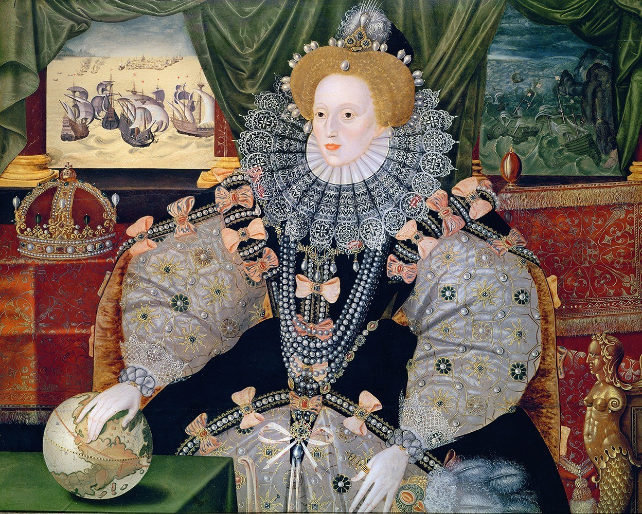 The Armada Portrait of Elizabeth I, c. 1588: the queen in a white silk gown with pearls, her hand on a globe