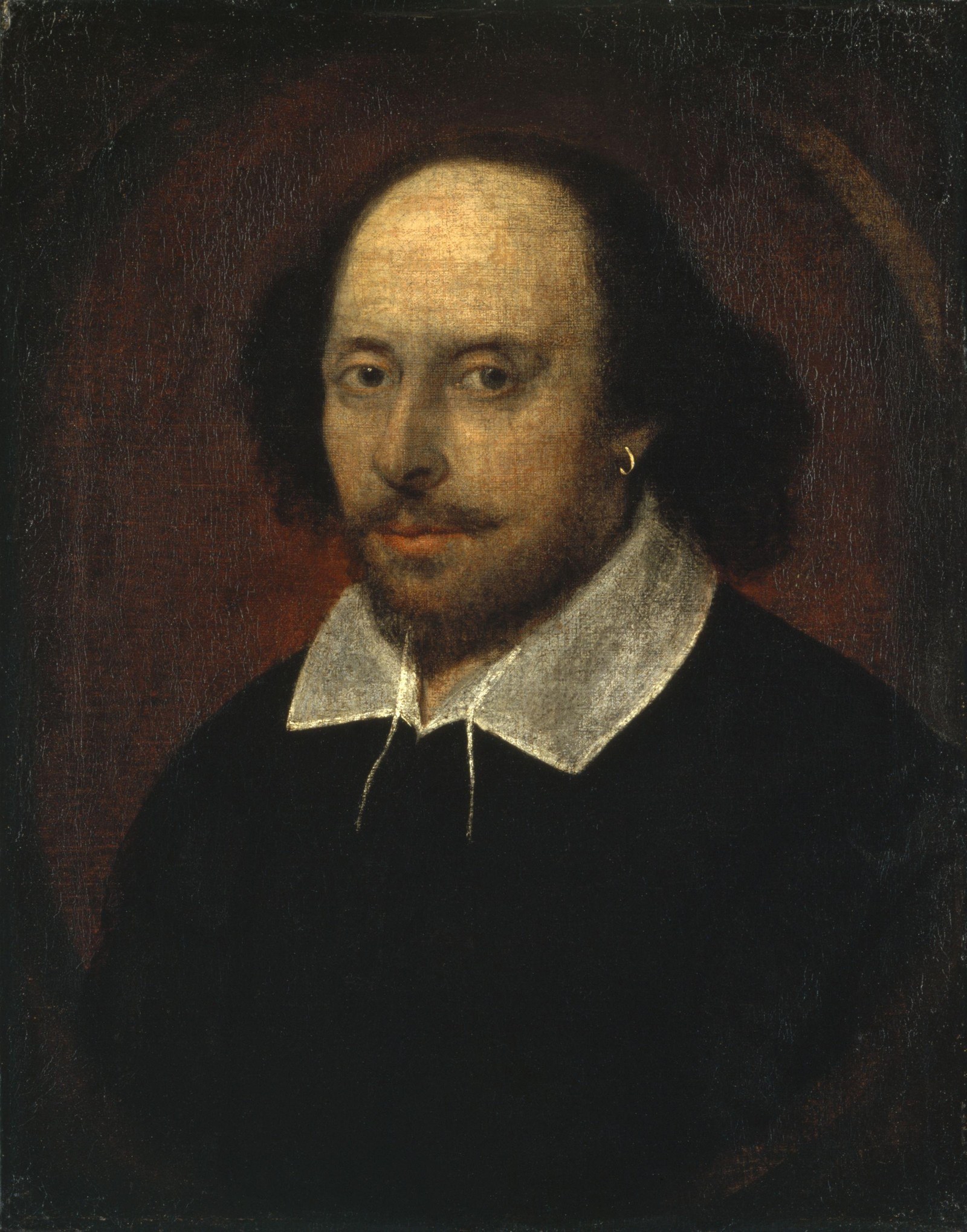 The Chandos portrait of Shakespeare: a man with a receding hairline and gold earring, attributed to John Taylor