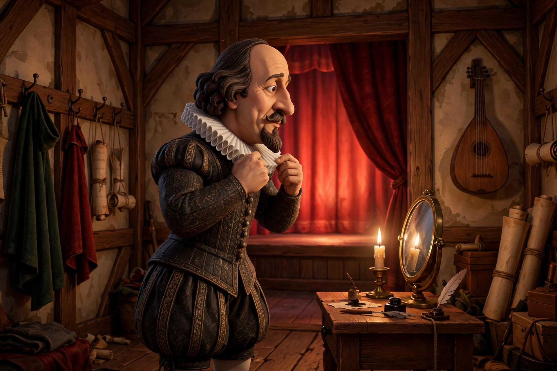 The animated Shakespeare character adjusting a white ruff collar in a candlelit backstage tiring house with a lute and scrolls