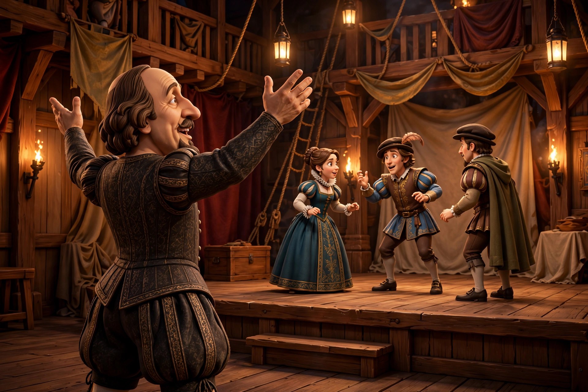 The animated Shakespeare character directing three animated actors rehearsing a scene on a torchlit Elizabethan stage