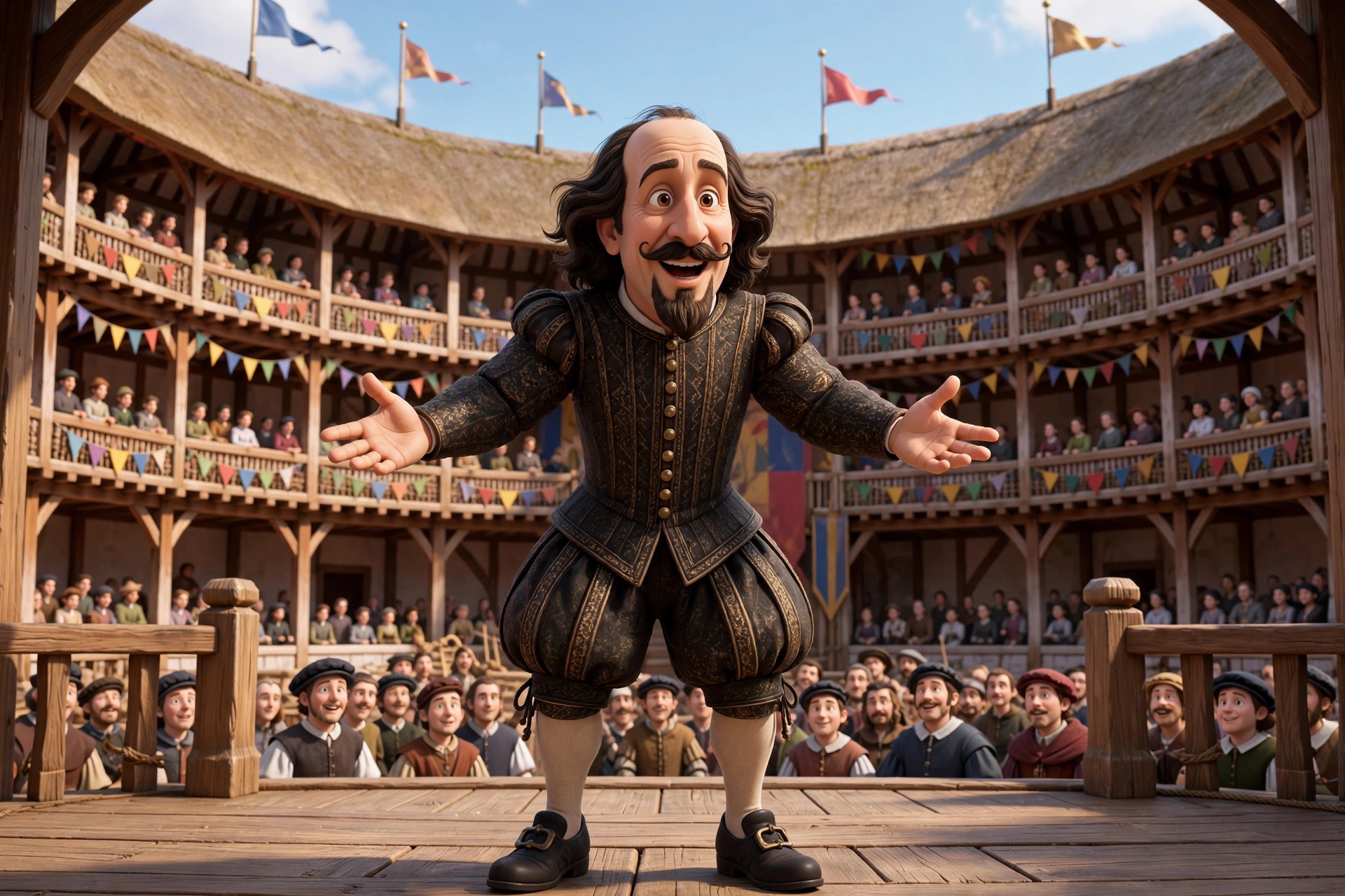 The animated Shakespeare character addressing the audience at the Globe — one of the social pack's character moments