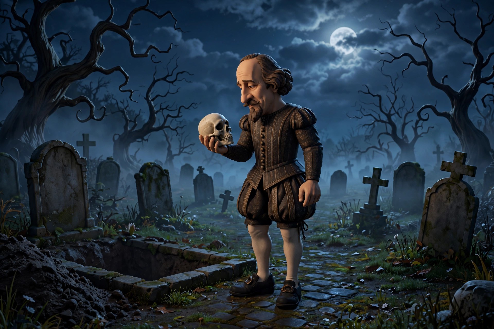 The animated Shakespeare character holding a skull in a misty moonlit churchyard with an open grave and headstones