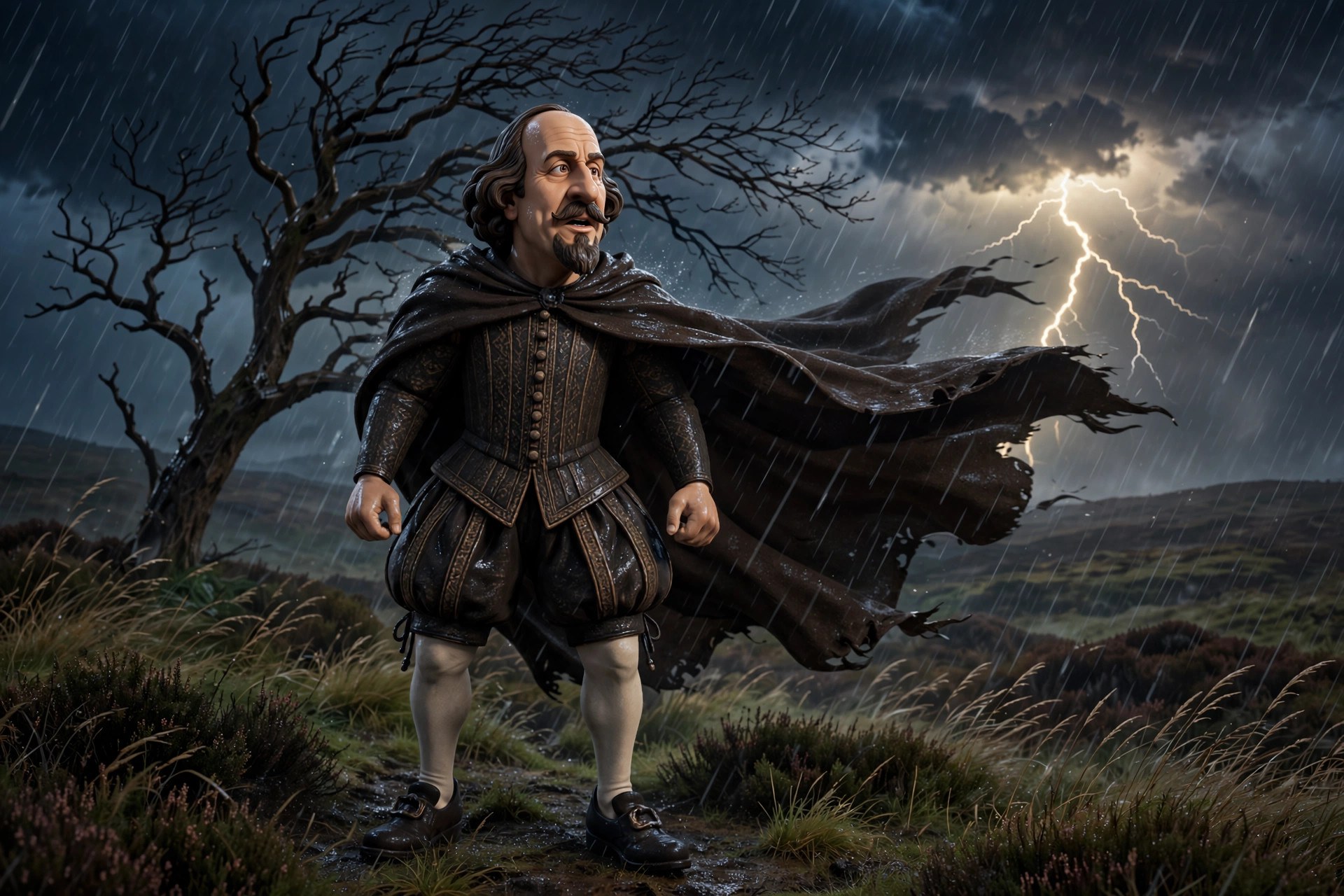 The animated Shakespeare character as narrator on a storm-lashed heath, cloak whipping in rain and lightning
