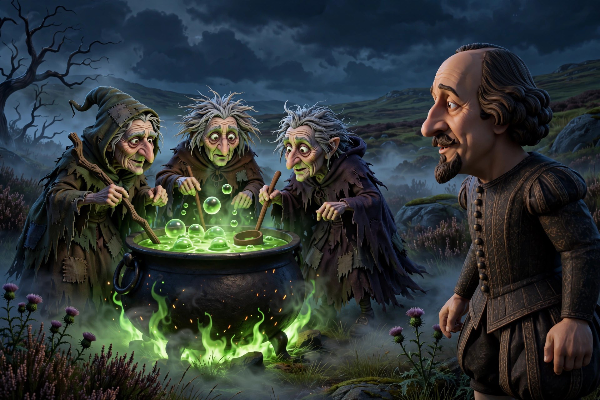 The animated Shakespeare character observing three animated witches around a bubbling green cauldron on a dark Scottish heath