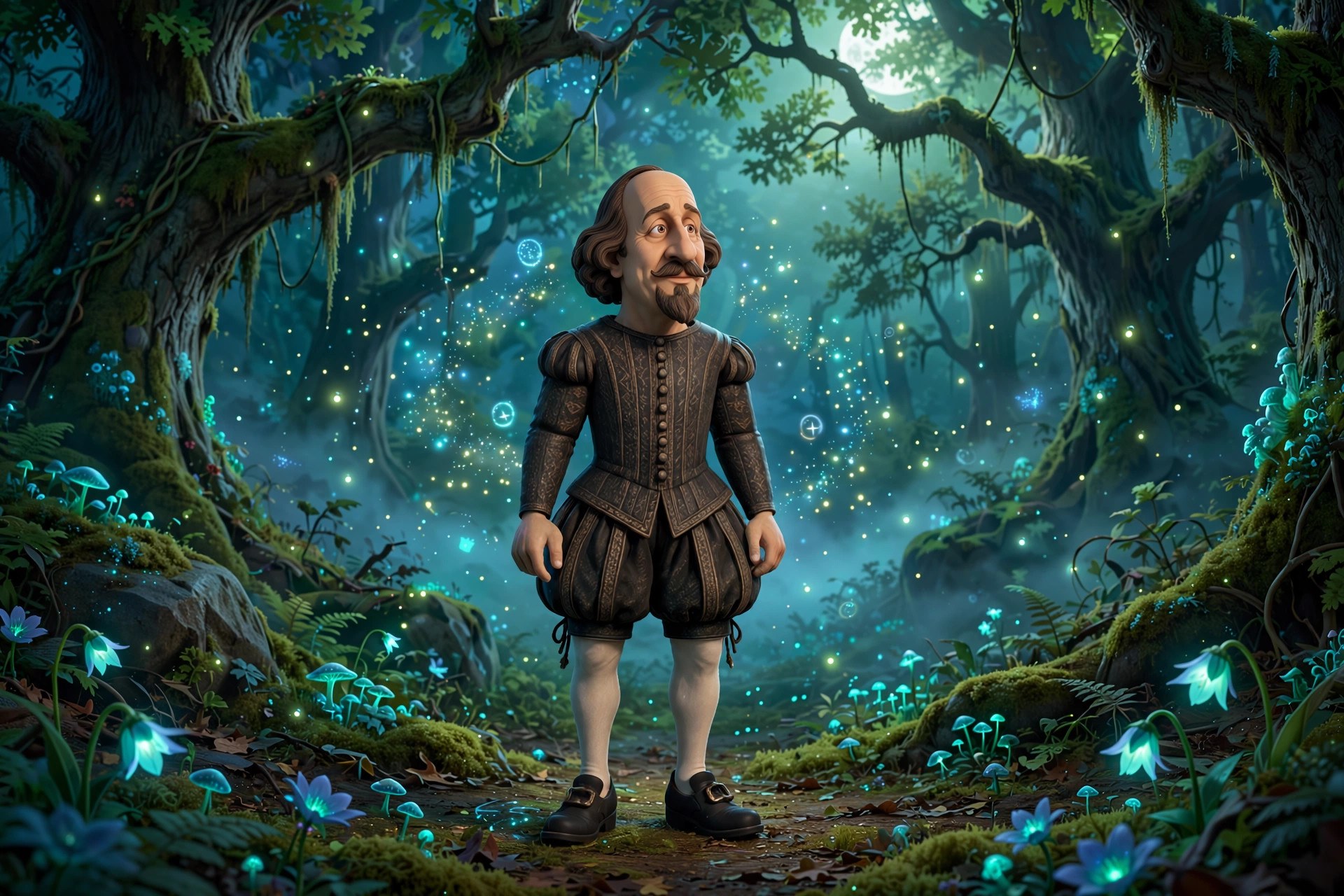 The animated Shakespeare character standing in an enchanted moonlit forest clearing with fireflies, glowing flowers and mossy oaks