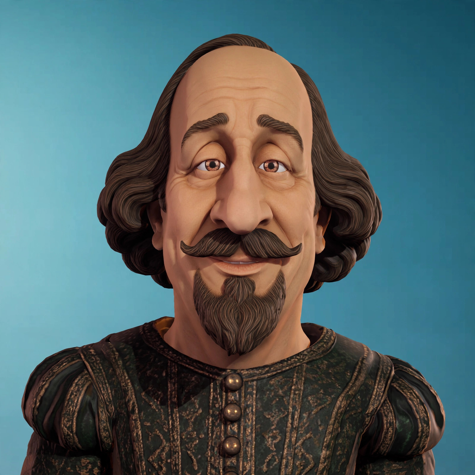 Head-and-shoulders portrait of the animated Shakespeare character with mustache and goatee against a teal backdrop