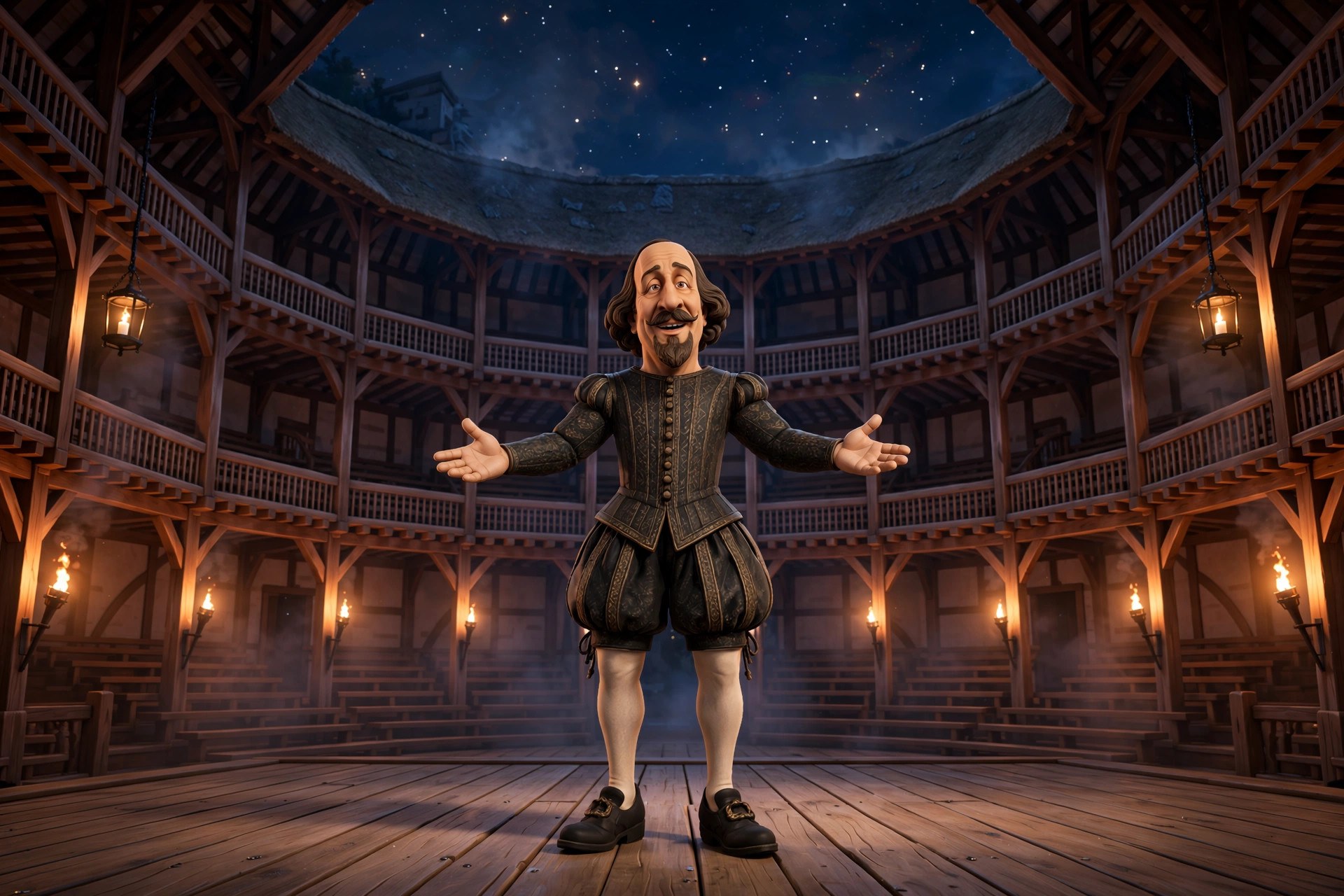 The animated Shakespeare character delivering a prologue with arms spread on the Globe Theatre stage at night under a starry sky