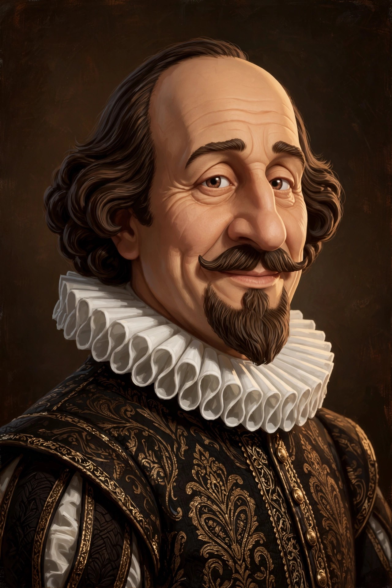 Three-quarter portrait of the animated Shakespeare character wearing a white Elizabethan ruff collar and gold-brocade doublet on a dark umber backdrop