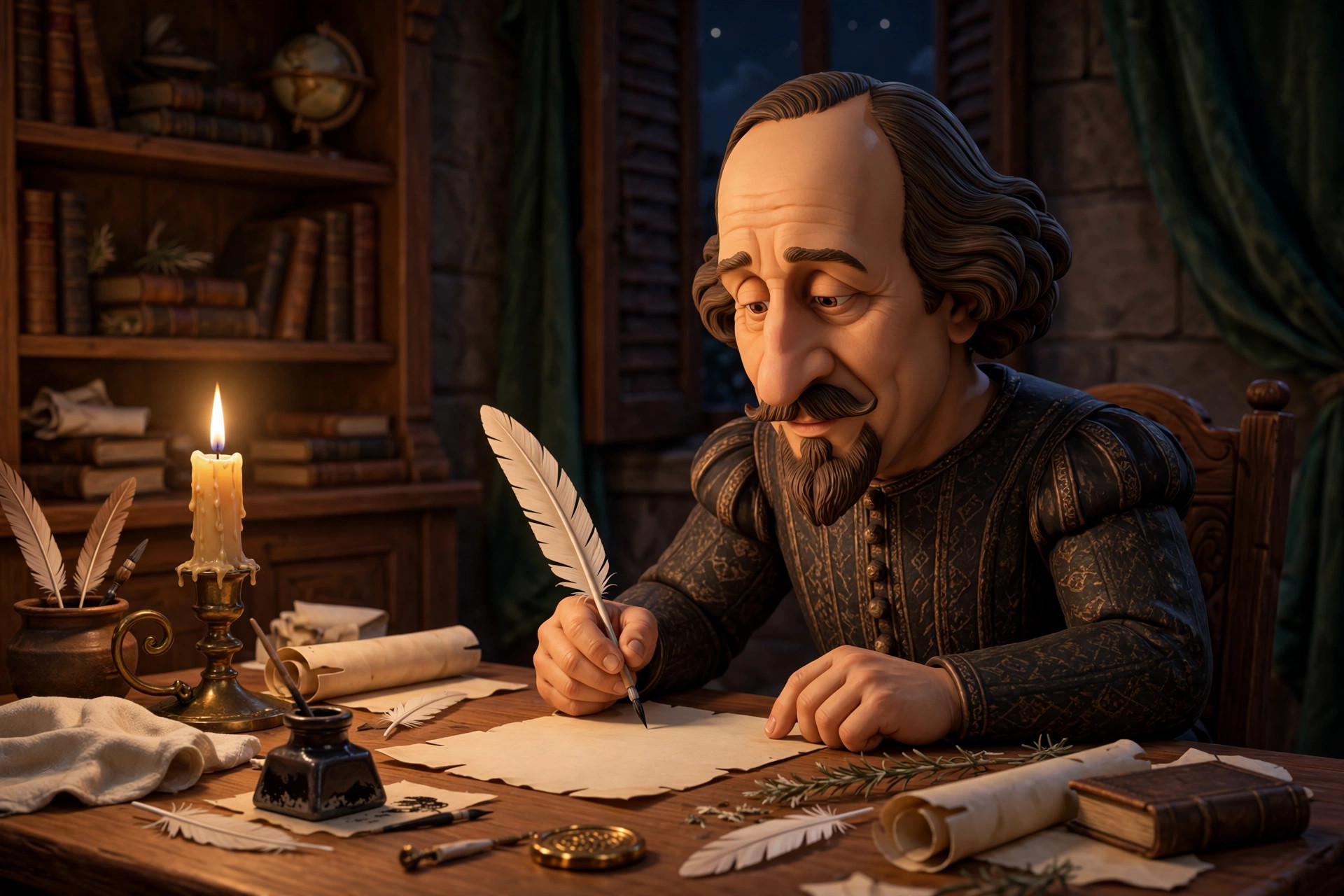 The animated Shakespeare character writing by candlelight at a wooden desk in an Elizabethan study