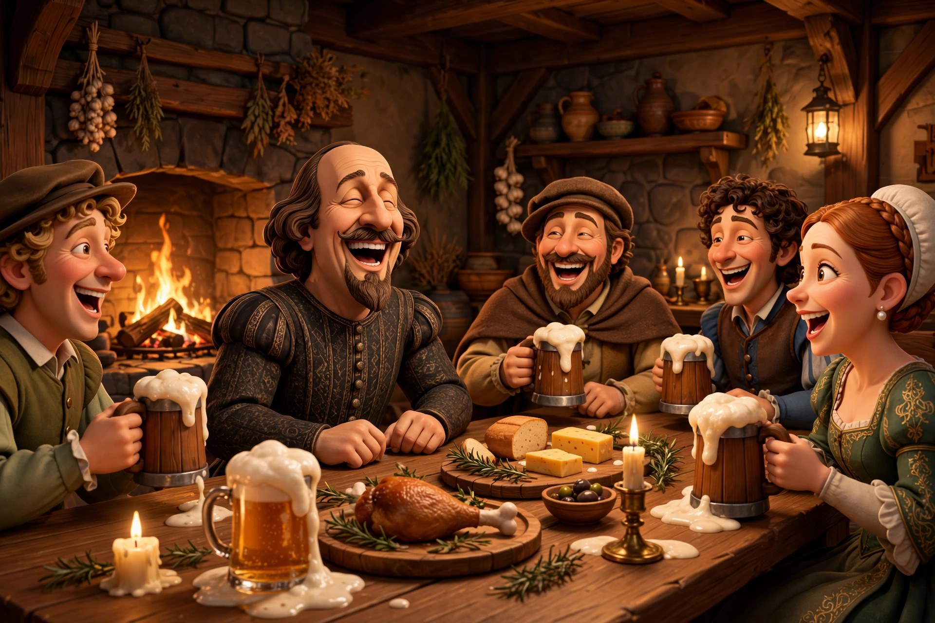 The animated Shakespeare character laughing with four animated merry patrons around a candlelit tavern table with tankards and food