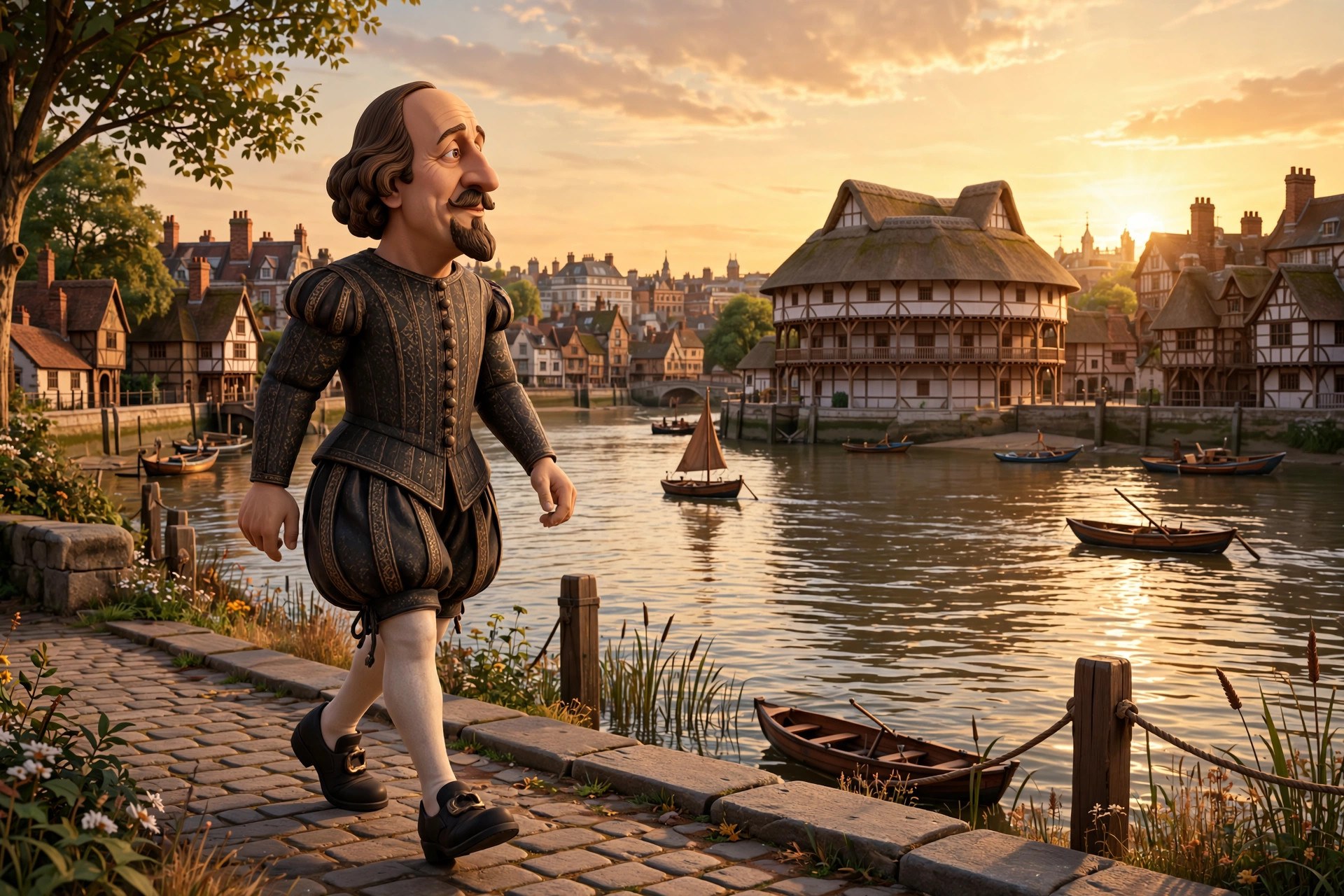 The animated Shakespeare character strolling along the Thames at sunset with the Globe Theatre visible across the water