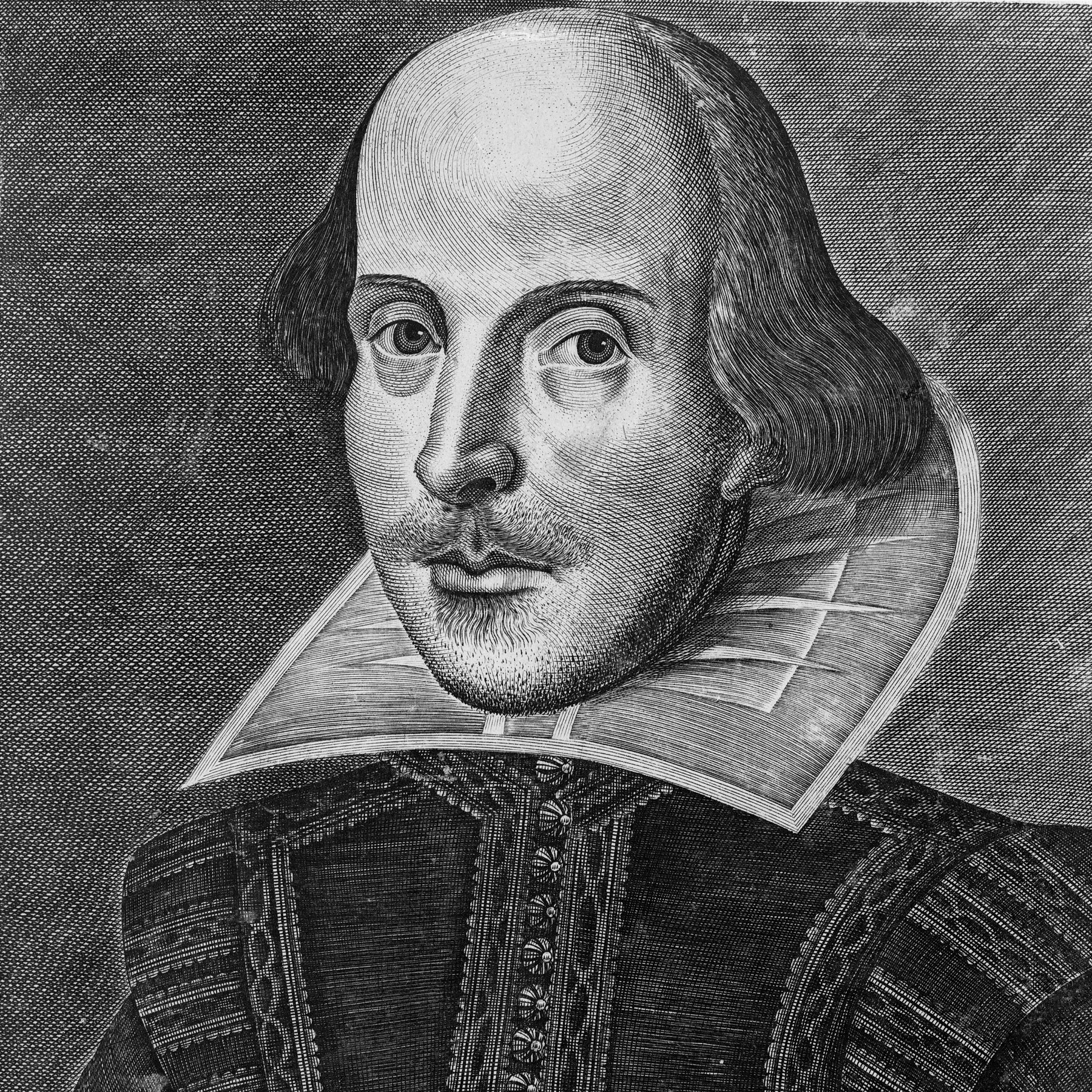 Martin Droeshout's posthumous 1623 engraved portrait of William Shakespeare, from the First Folio