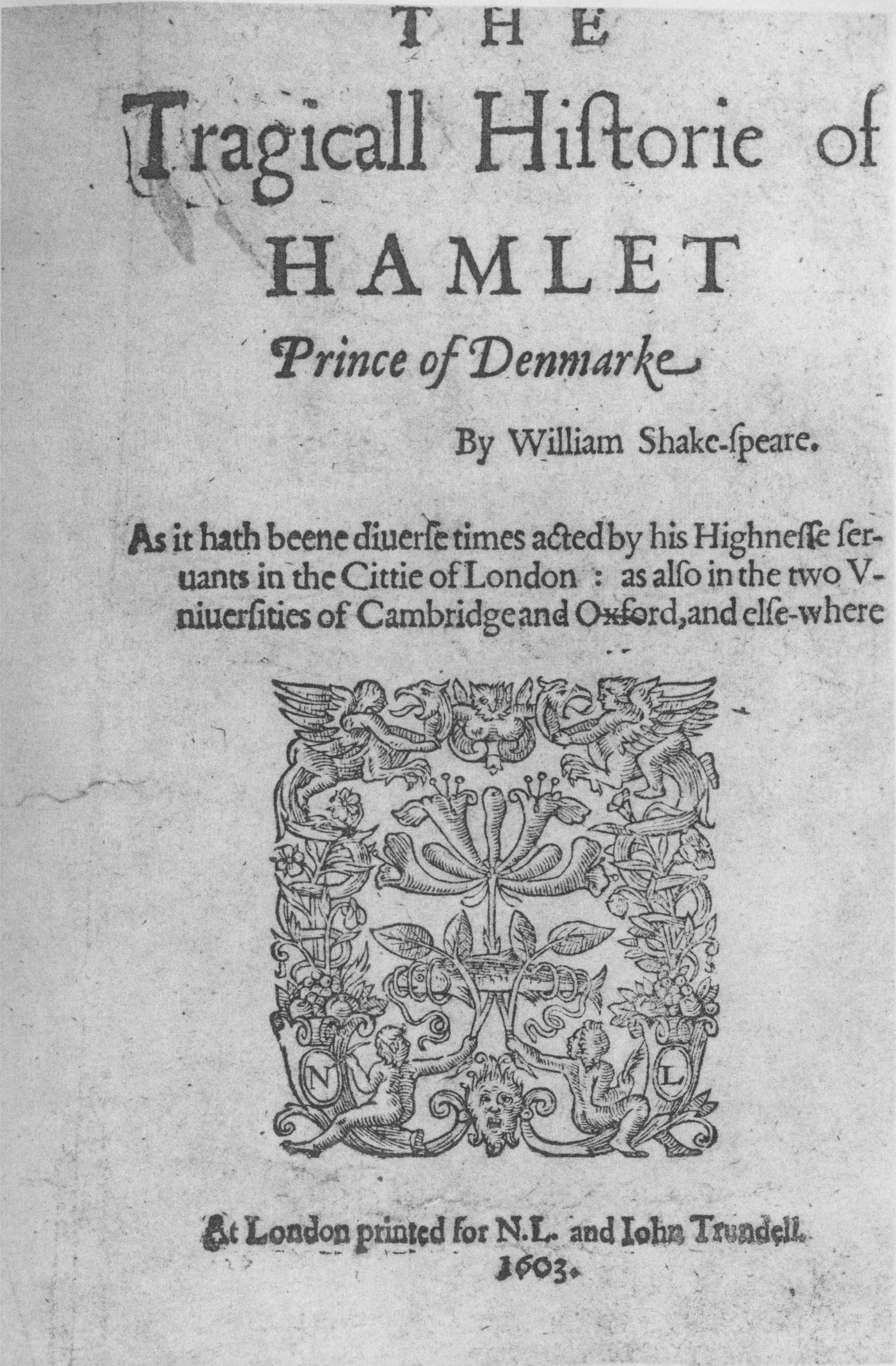 The 1603 title page of the first quarto of Hamlet, printed for Nicholas Ling